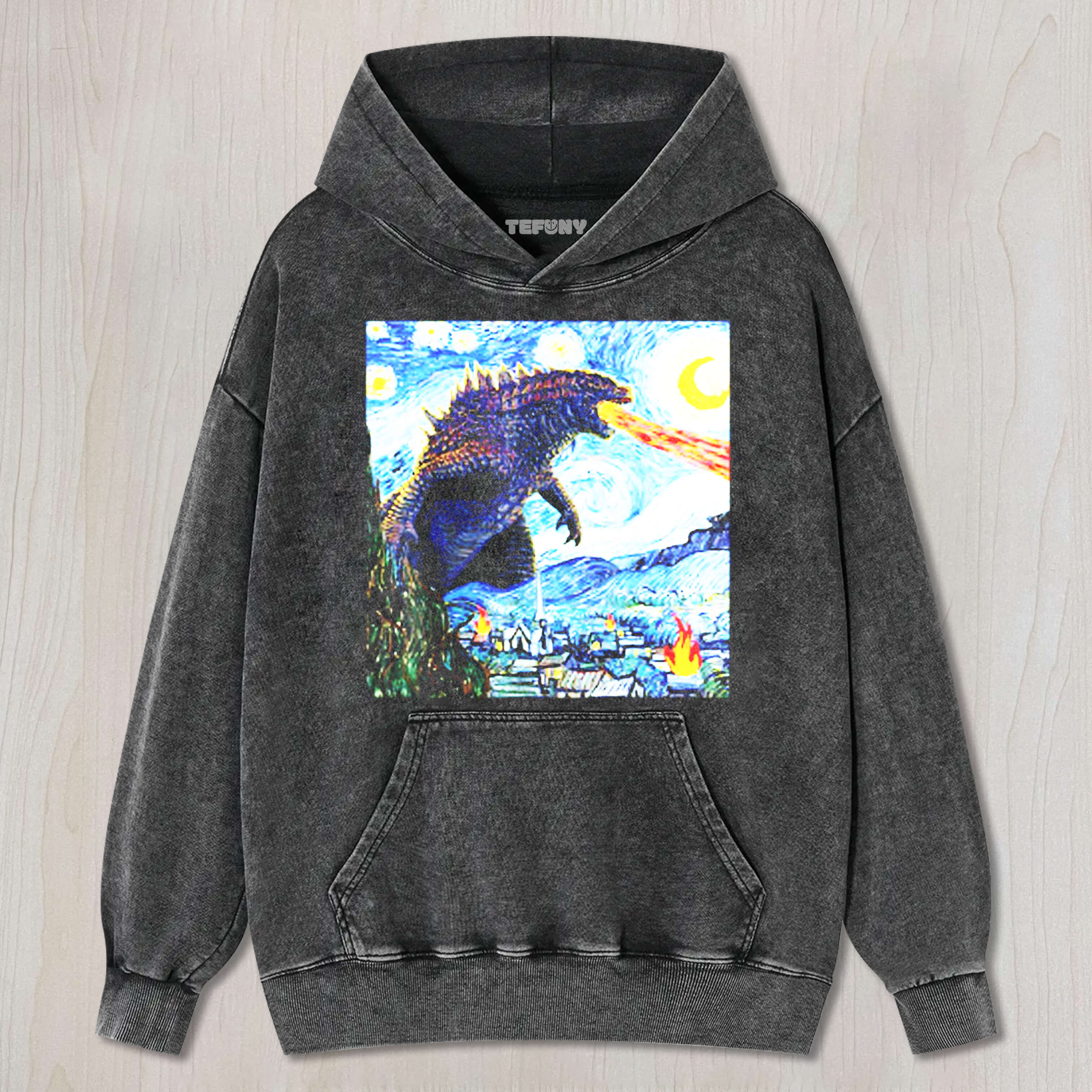 VINTAGE JAPANESE MONSTER KAIJU IN VAN GOGH STARRY NIGHT GOZILA TEE & SWEAT & HOOD