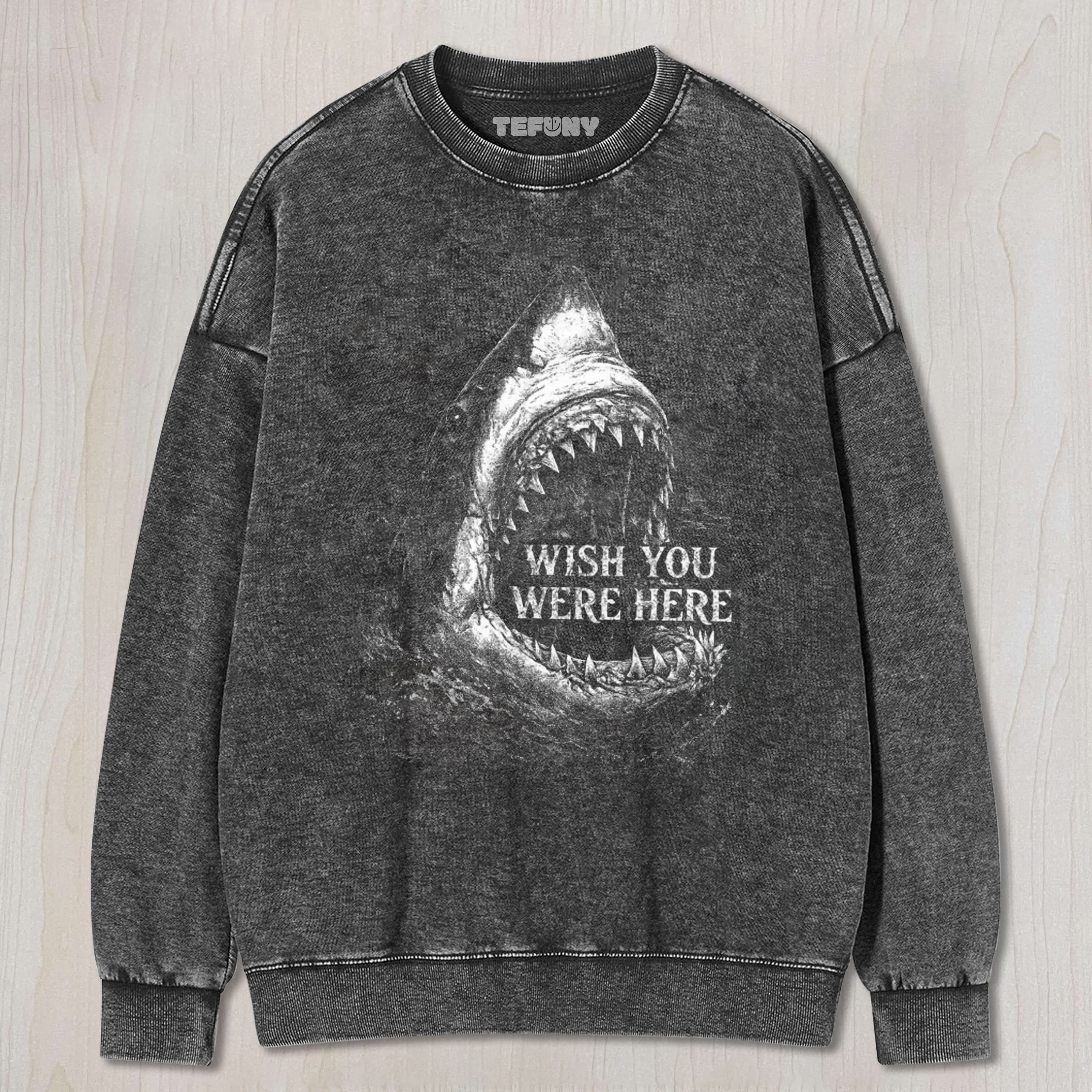 WISH YOU WERE HERE WHITE SHARK DARK UNISEX TEE, TANK TOP, LAYERED LS, SWEATSHIRT & HOODIE