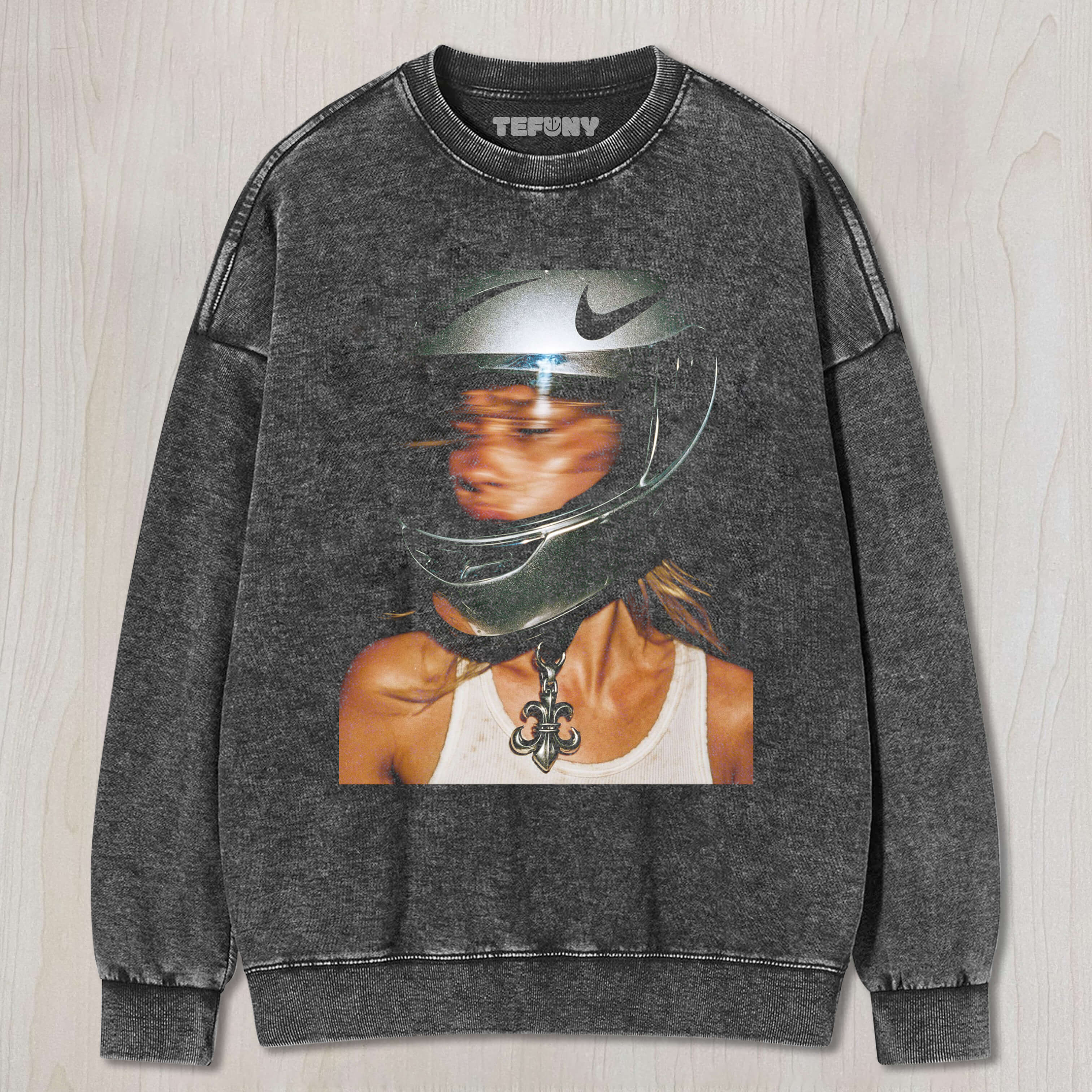 WOMAN WEARING HELMET T-SHIRT