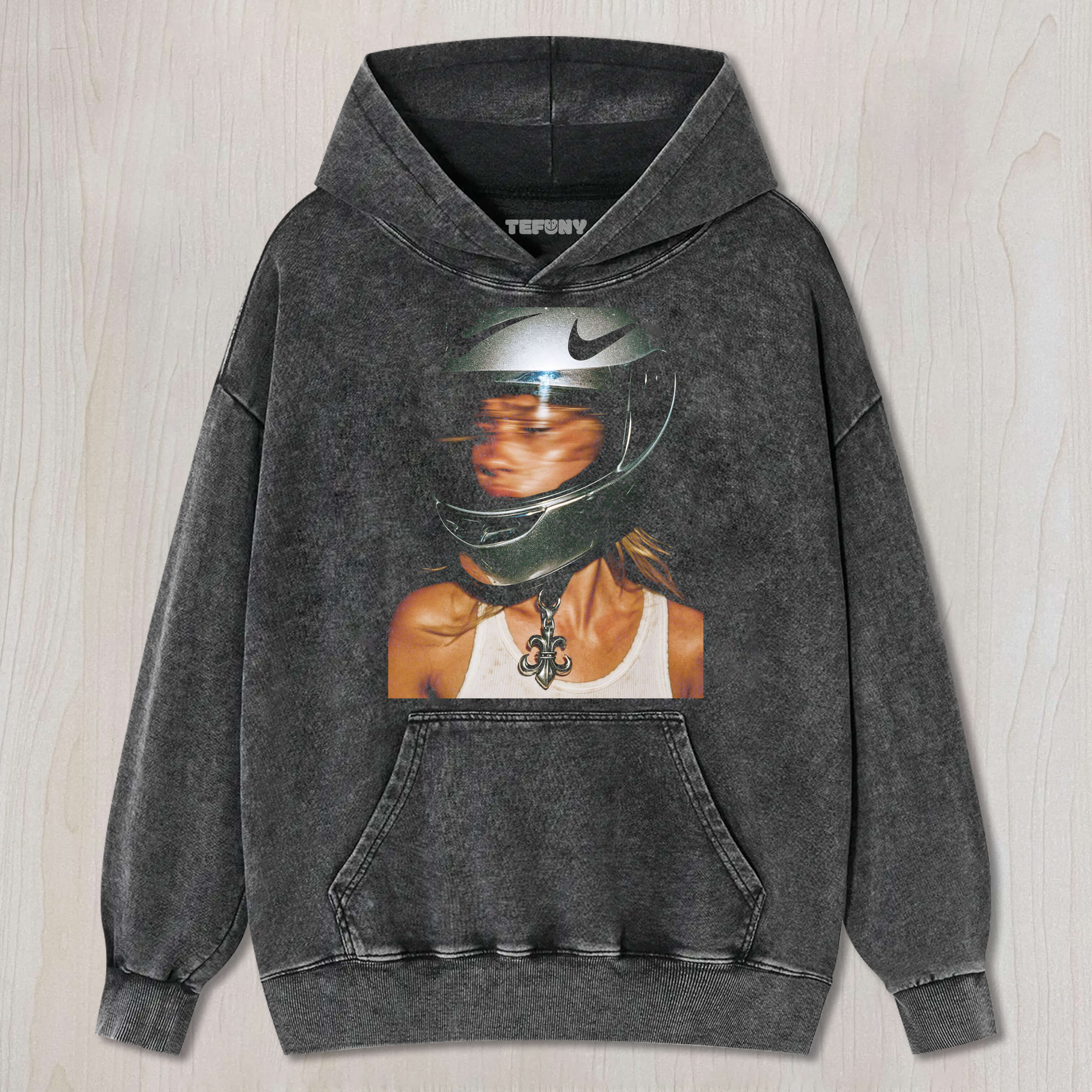 WOMAN WEARING HELMET T-SHIRT