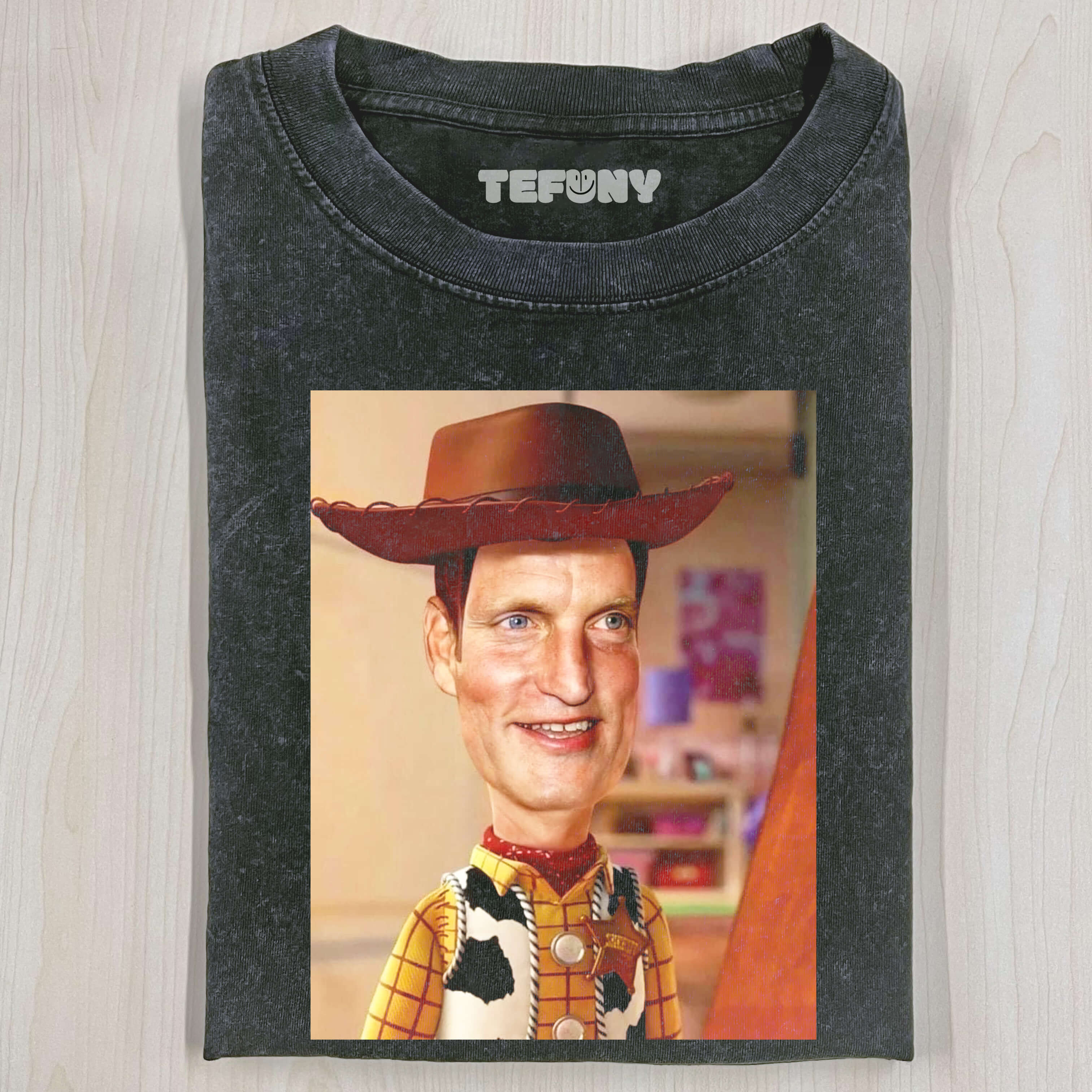 WOODY WEARING A WOODY HARRELSON MASK T-SHIRT