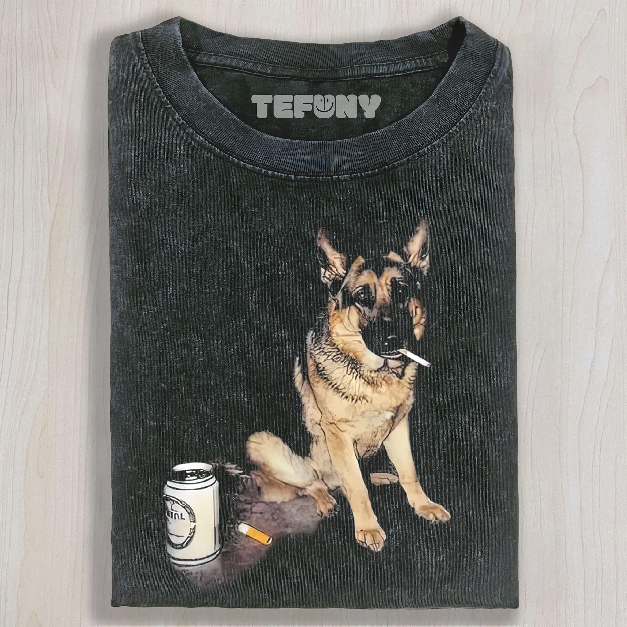 REALISTIC GERMAN SHEPHERD SMOKING BEER CAN DARK HUMOR GRAPHIC VINTAGE WASHED TEE UNISEX TEE, TANK TOP, LAYERED LS, SWEATSHIRT & HOODIE