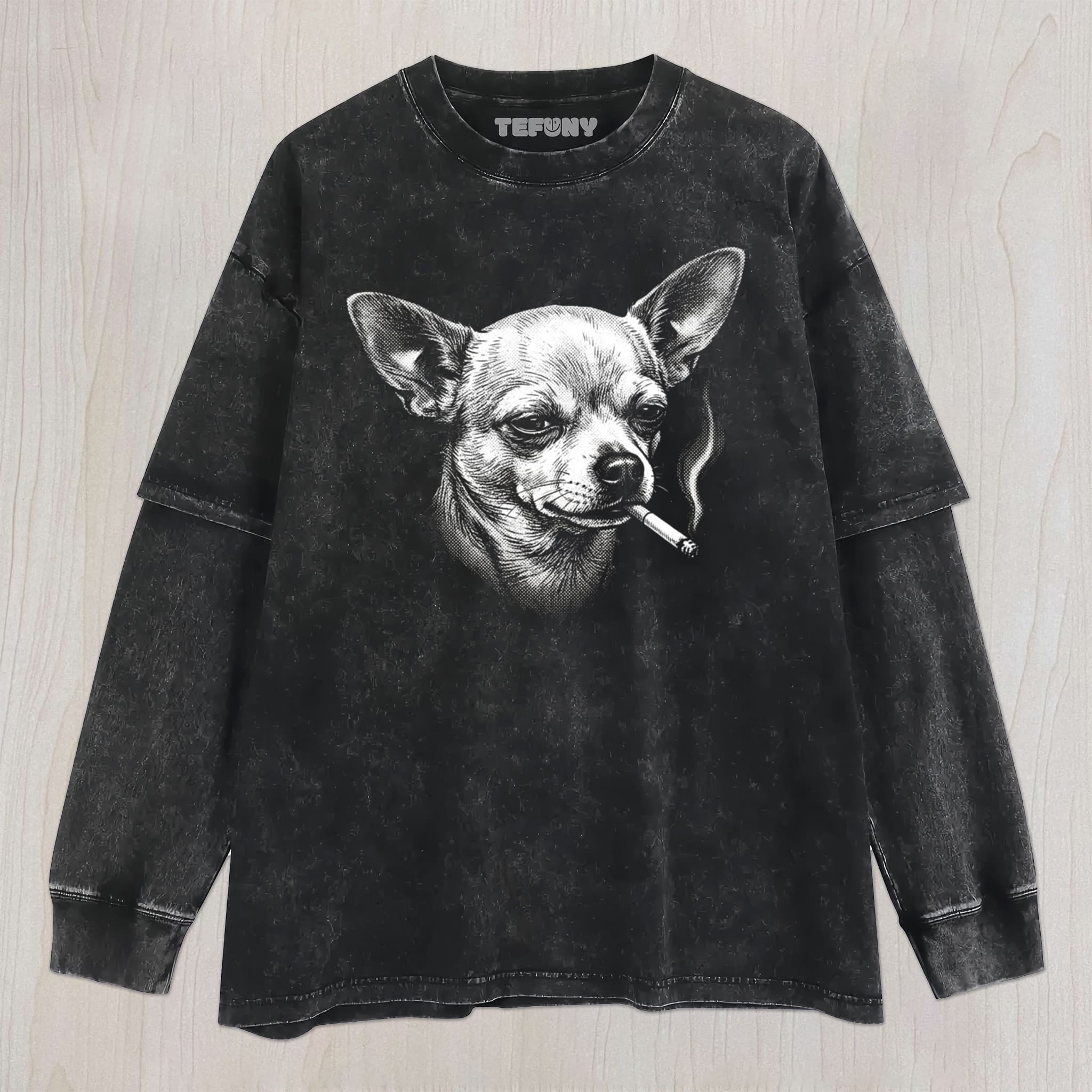 A COMICAL CHIHUAHUA SMOKING UNISEX TEE, TANK TOP, LAYERED LS, SWEATSHIRT & HOODIE
