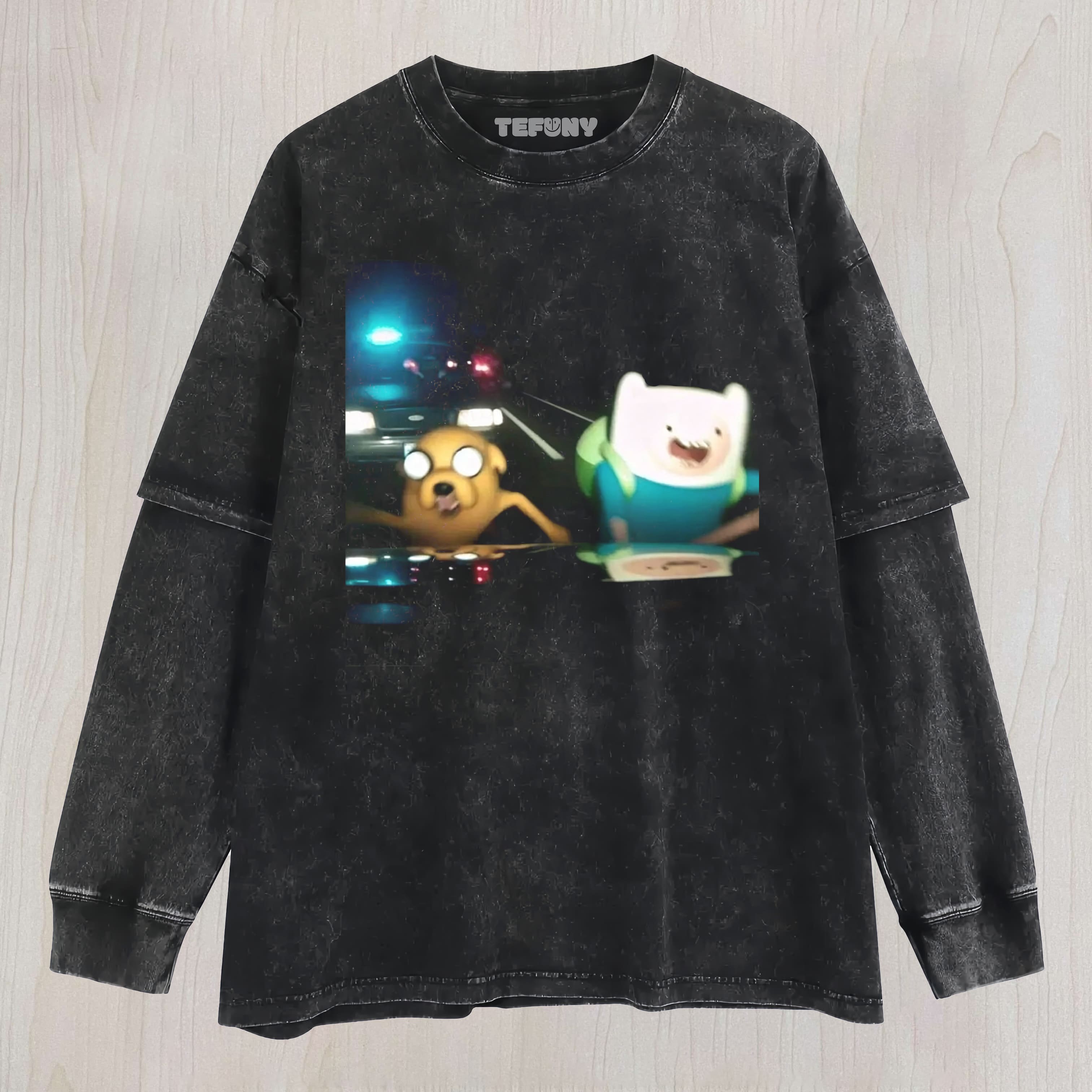 ADVENTURE TIME POLICE CHASE MEME UNISEX TEE, TANK TOP, LAYERED LS, SWEATSHIRT & HOODIE
