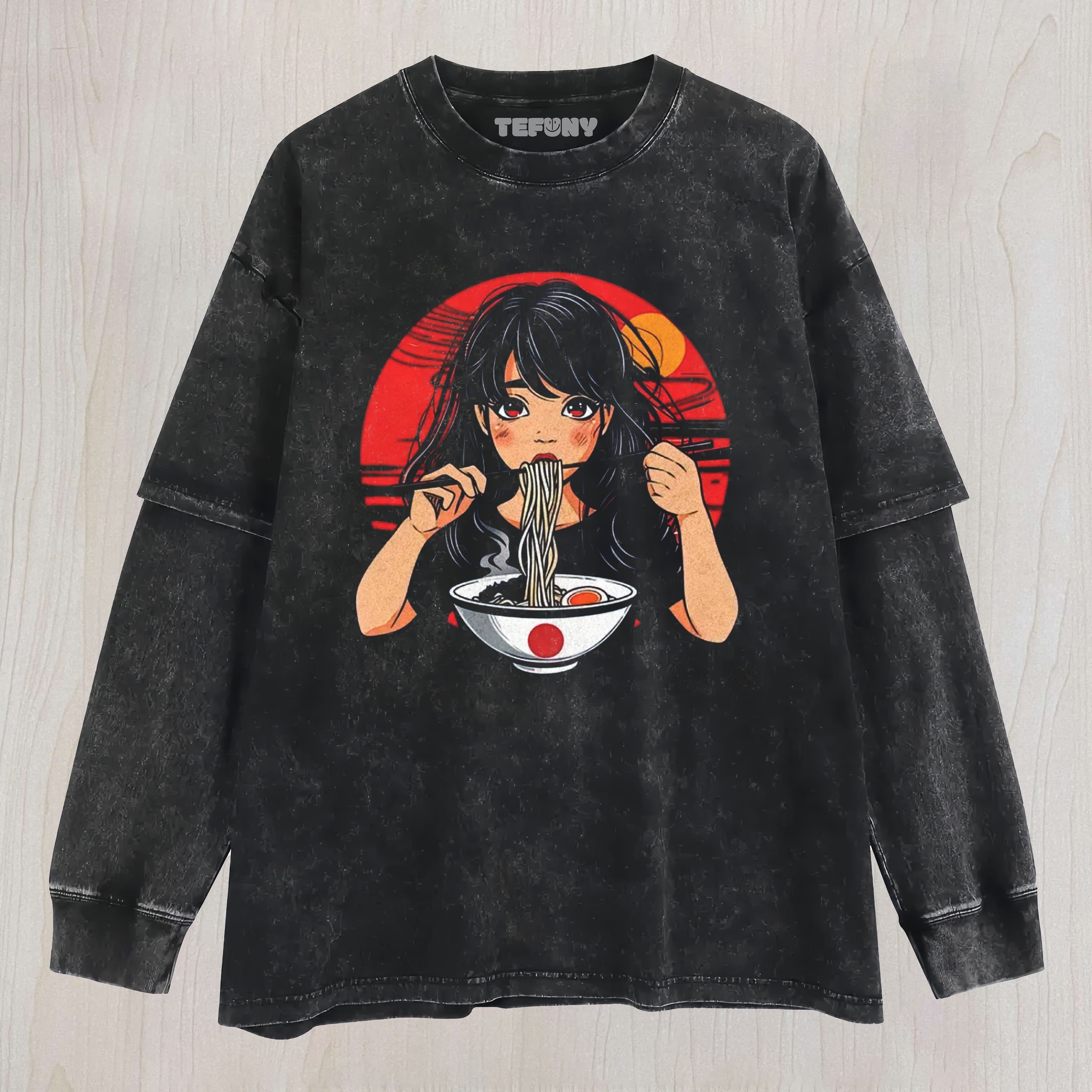 ANIME RAMEN GIRL RETRO JAPANESE WASHED LAYERED LONG SLEEVE