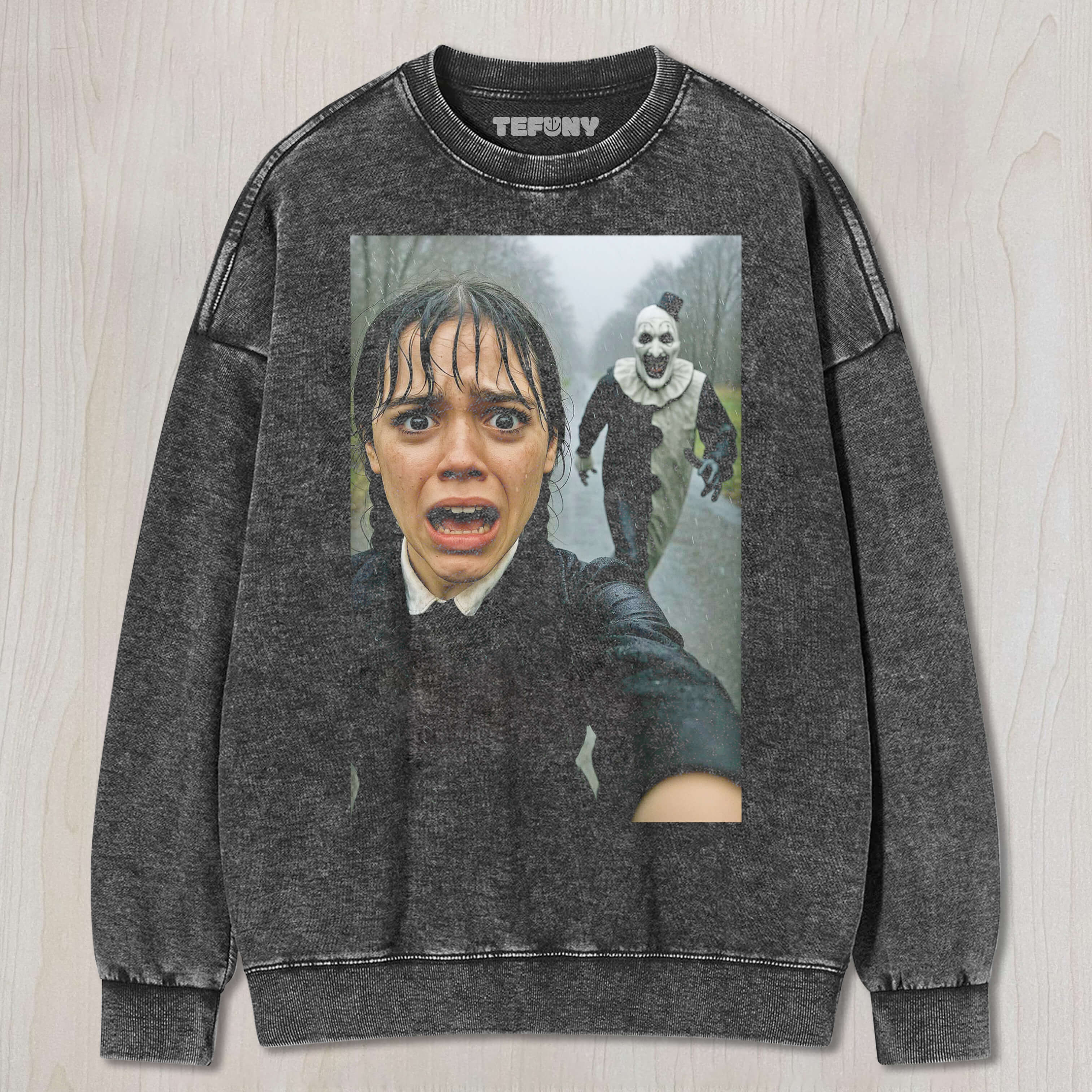 ART THE CLOWN CHASING WEDNESDAY ADDAMS T-SHIRT