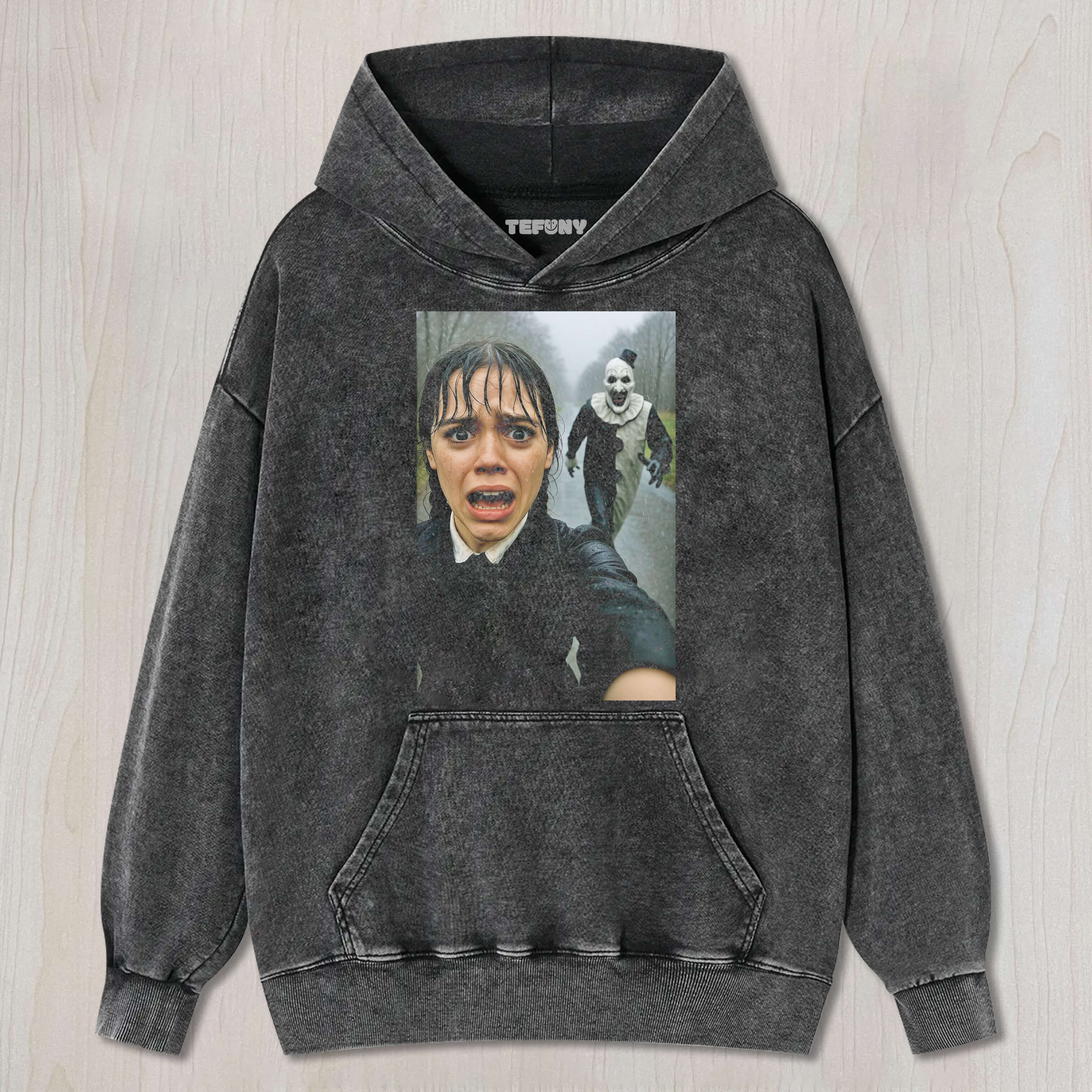 ART THE CLOWN CHASING WEDNESDAY ADDAMS T-SHIRT