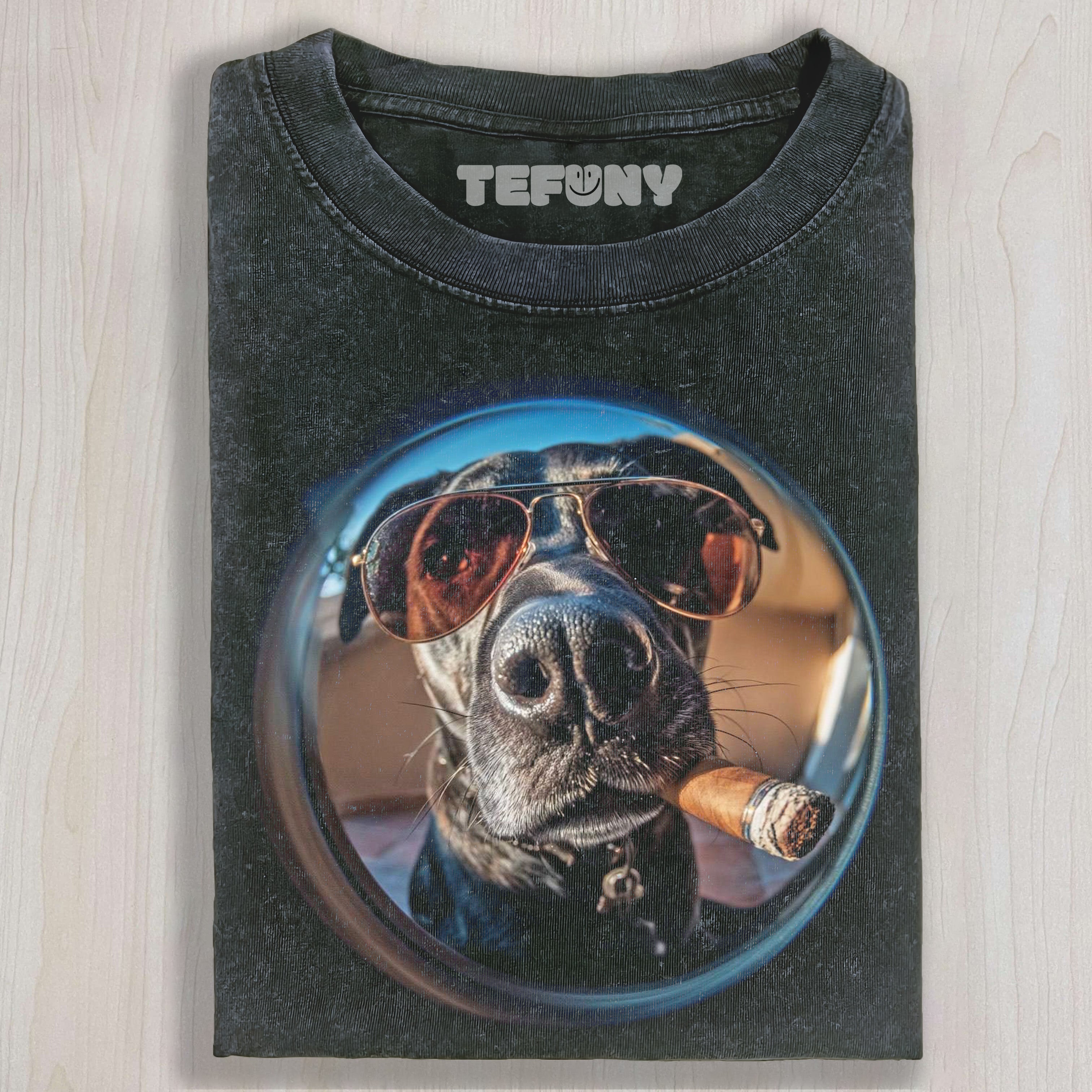 A SMOKING DOG IN A FISHEYE LENS T-SHIRT