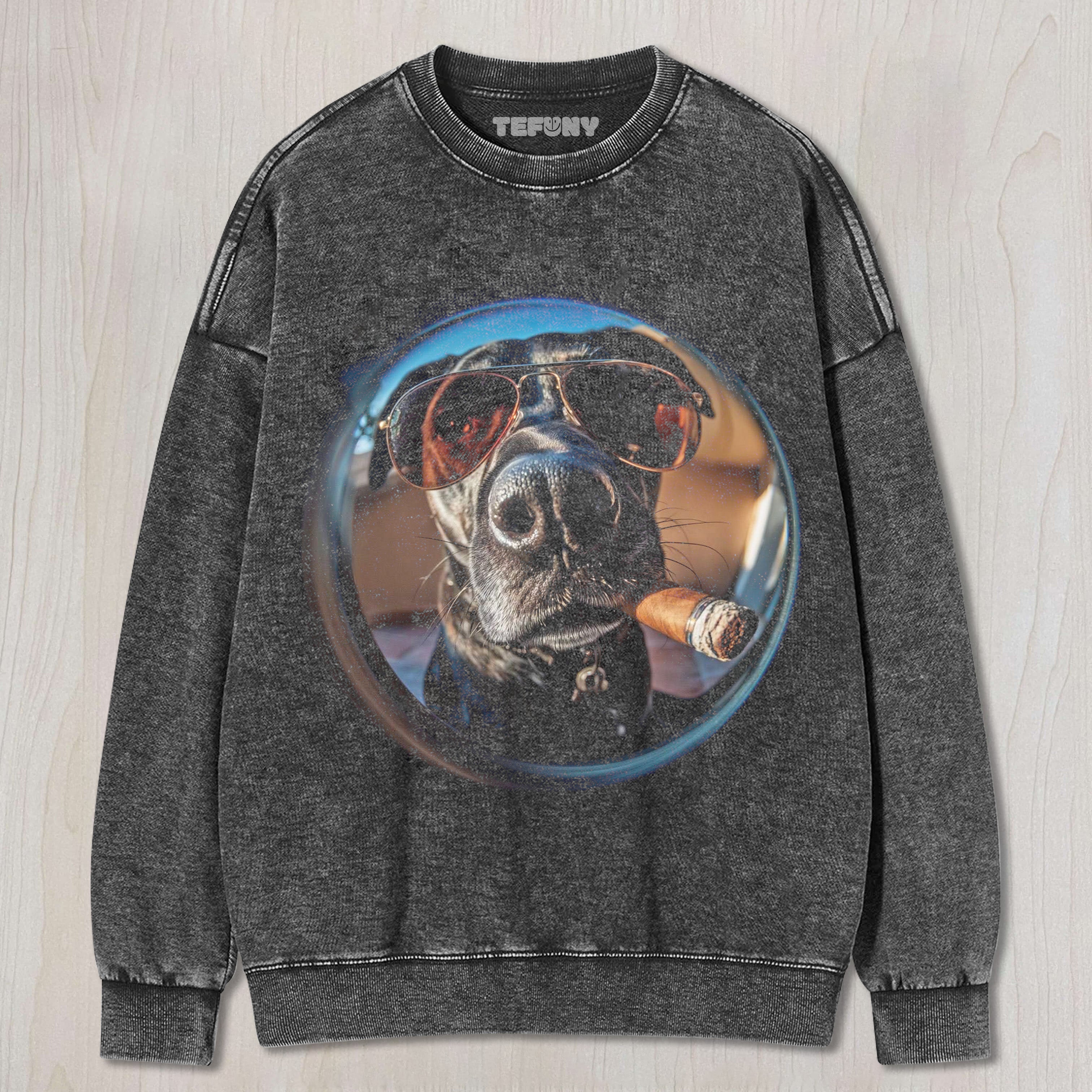 A SMOKING DOG IN A FISHEYE LENS T-SHIRT