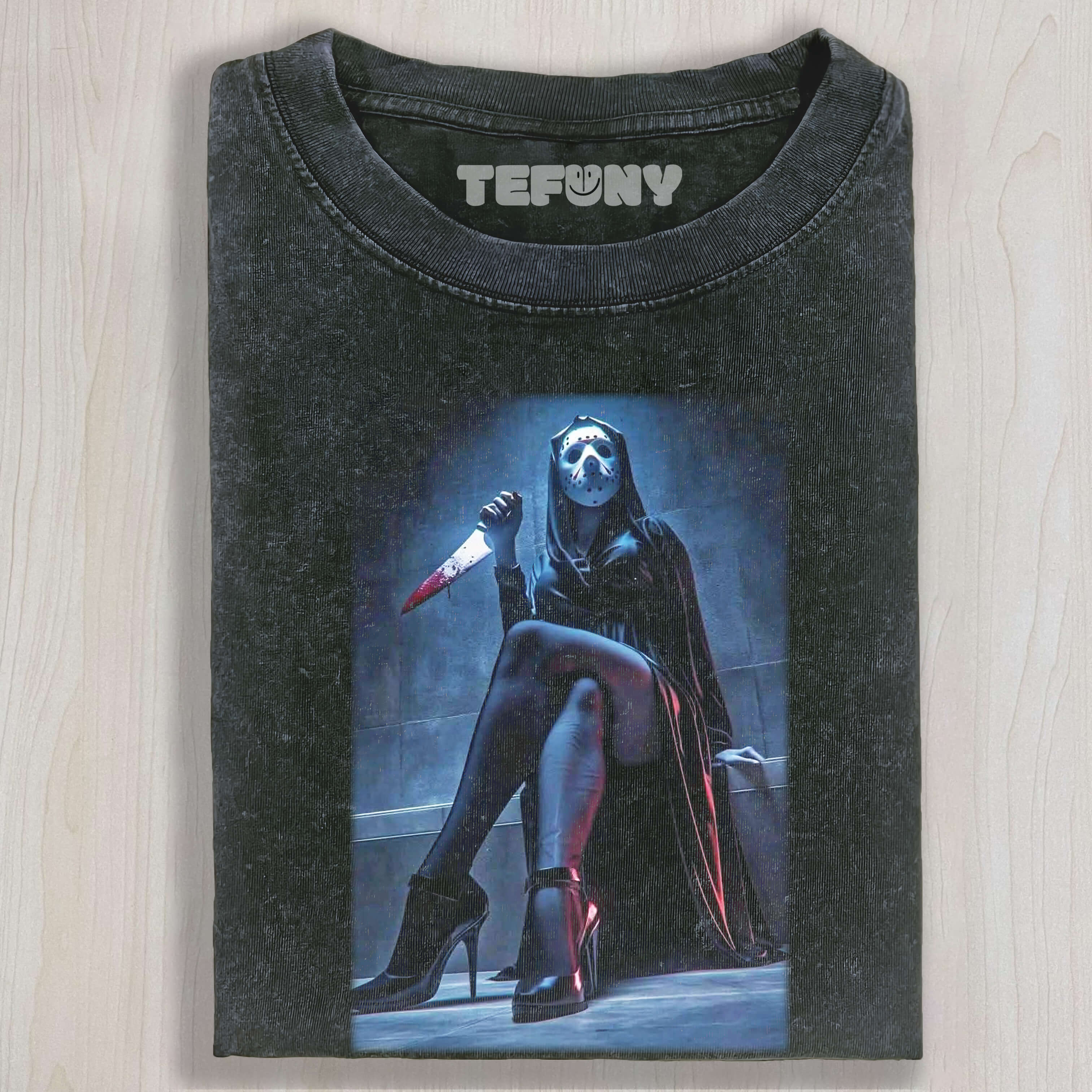 A WOMAN WEARING A JASON MASK TEE & SWEAT & HOOD