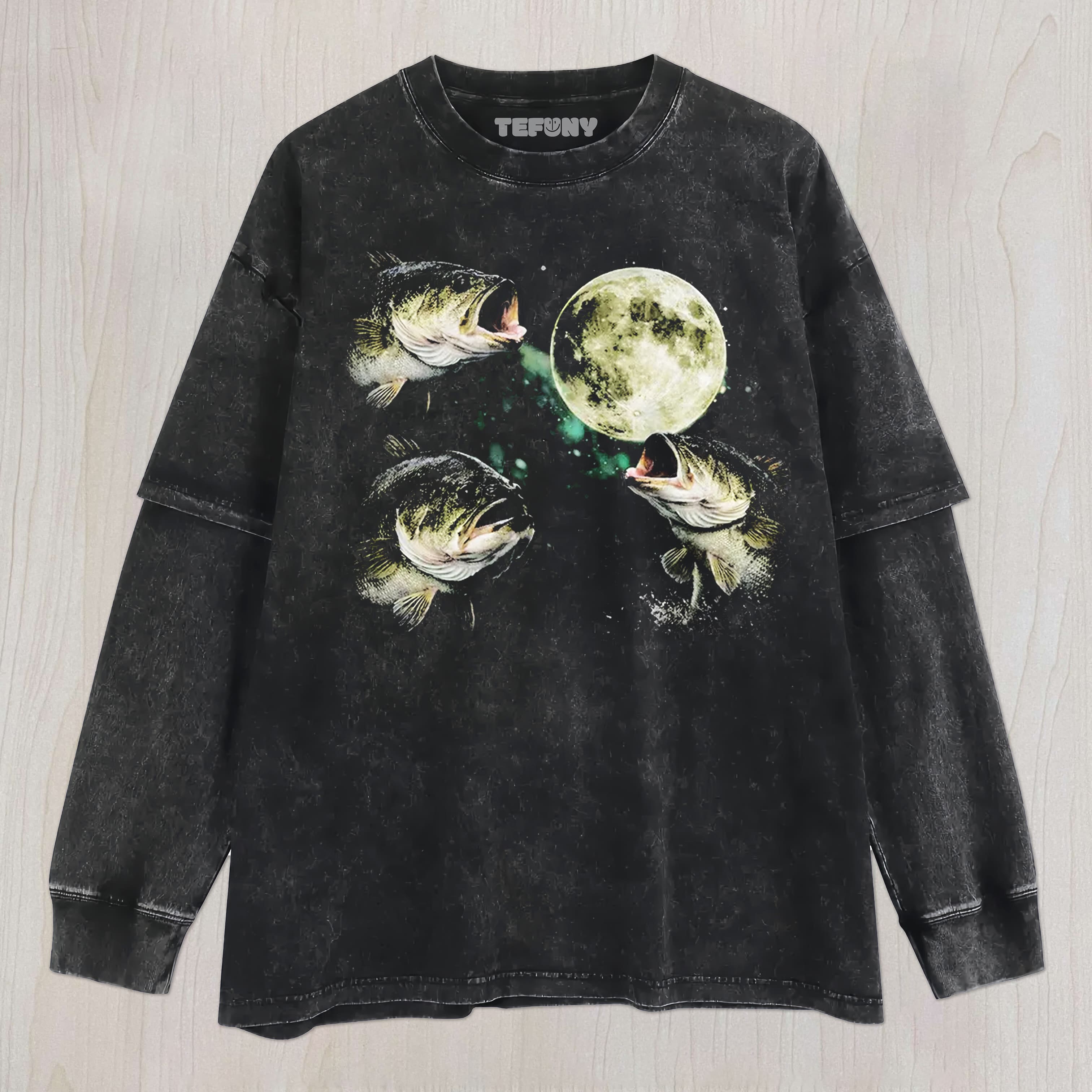 BASS FISHING MOON UNISEX TEE, TANK TOP, LAYERED LS, SWEATSHIRT & HOODIE