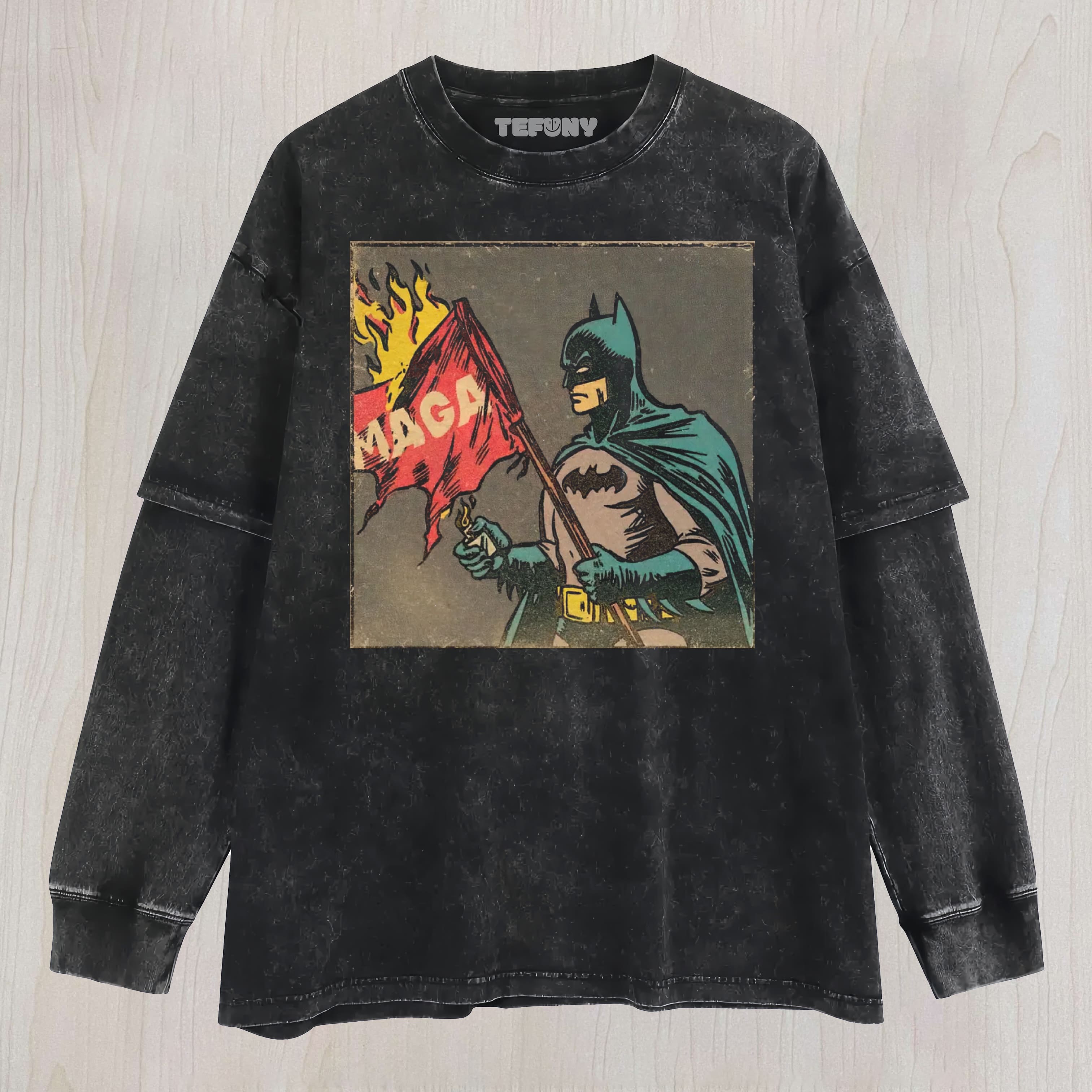 BATMAN MAGA FLAG BURNIN POLITICAL PARODY VINTAGE WASHED LAYERED LONG SLEEVE
