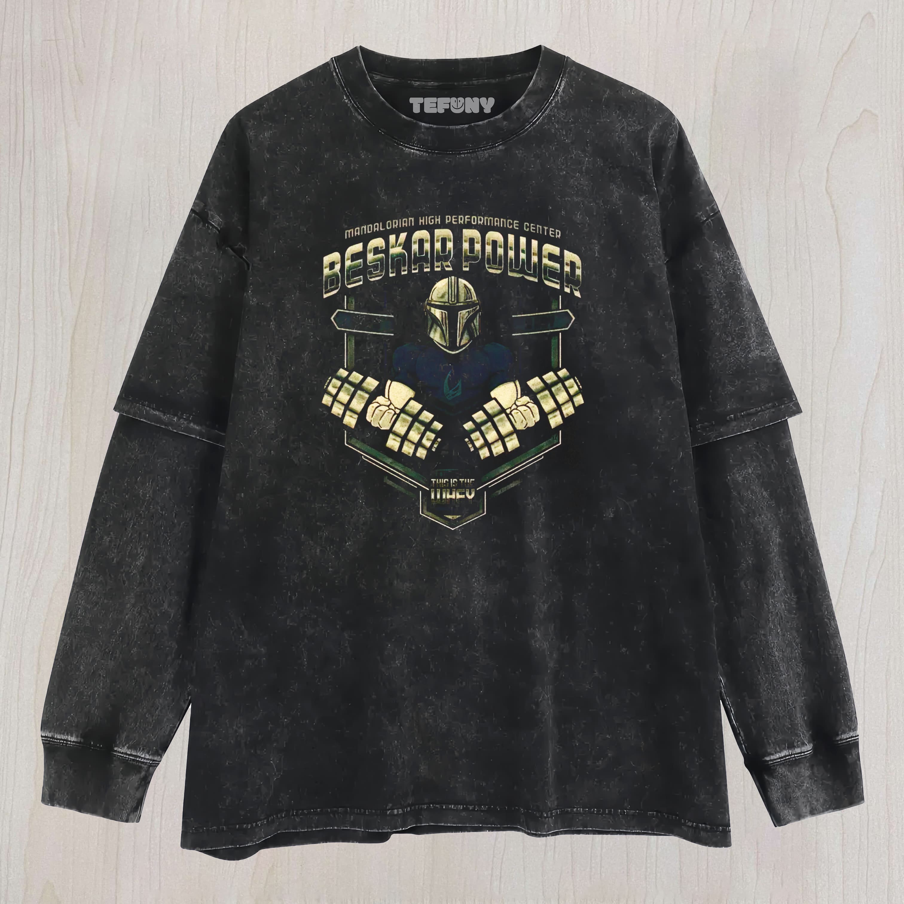 BESKAR POWER MANDALORIAN GYM WASHED LAYERED LONG SLEEVE
