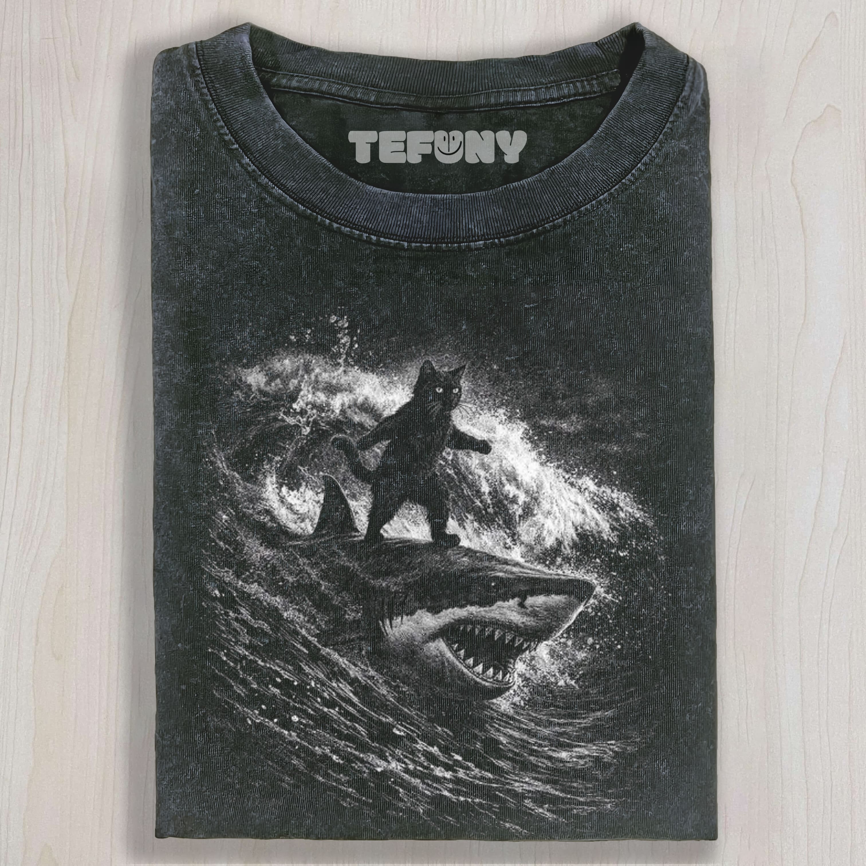 BLACK CAT SURFING SHARK UNISEX TEE, TANK TOP, LAYERED LS, SWEATSHIRT & HOODIE