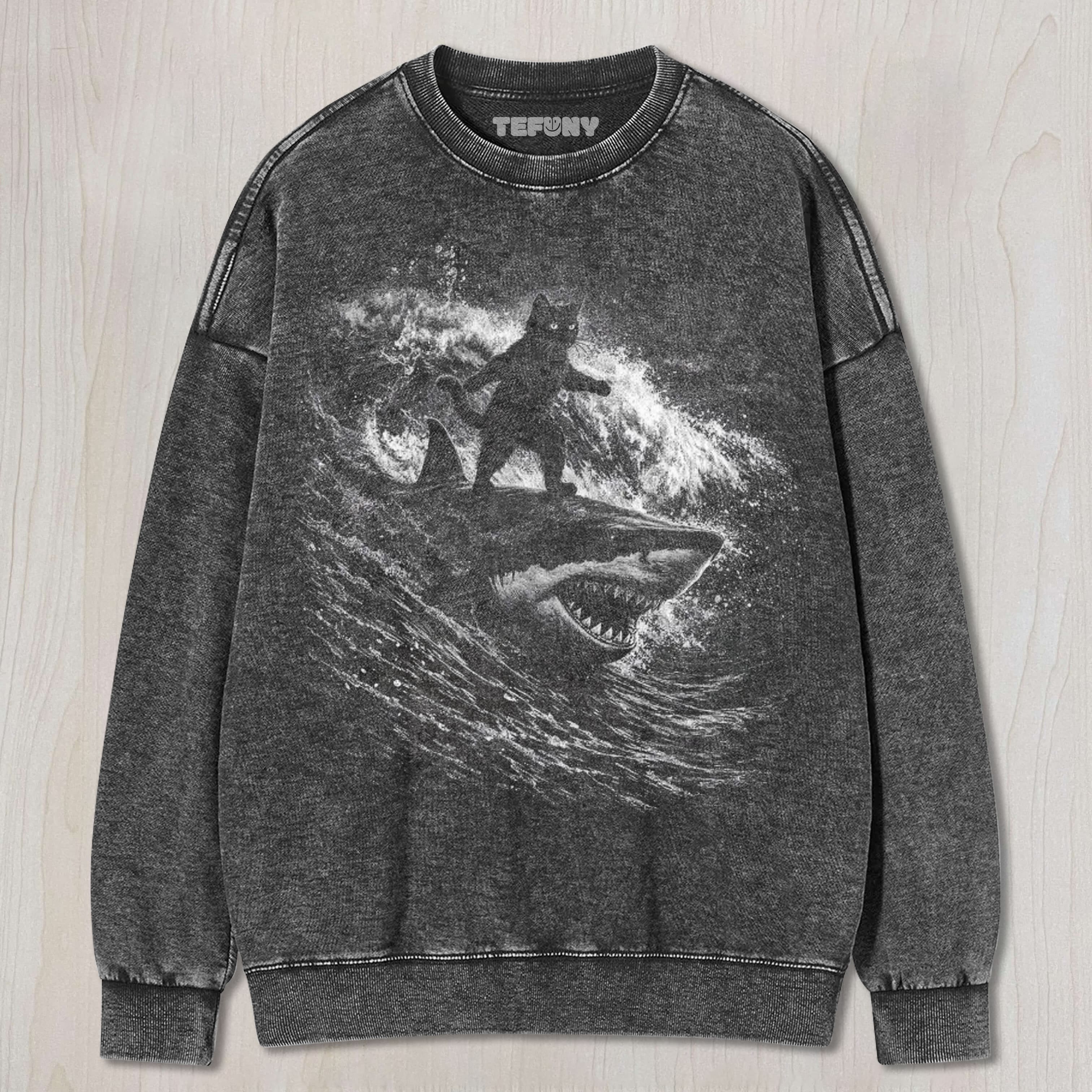 BLACK CAT SURFING SHARK UNISEX TEE, TANK TOP, LAYERED LS, SWEATSHIRT & HOODIE