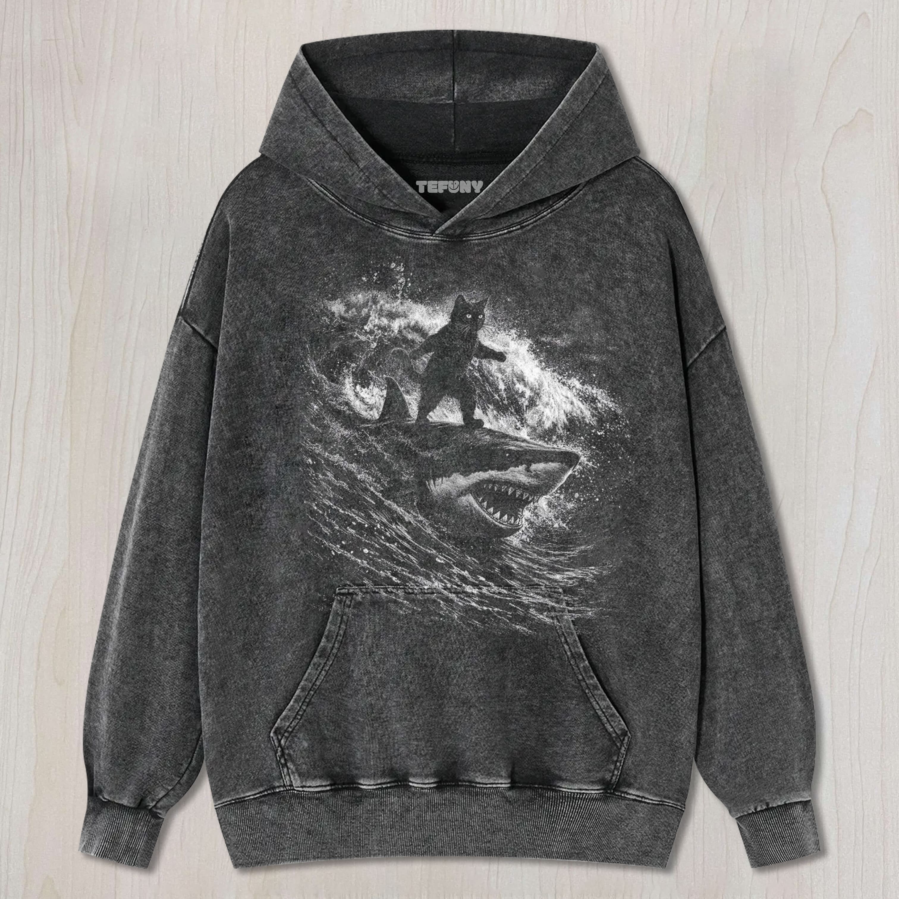 BLACK CAT SURFING SHARK UNISEX TEE, TANK TOP, LAYERED LS, SWEATSHIRT & HOODIE