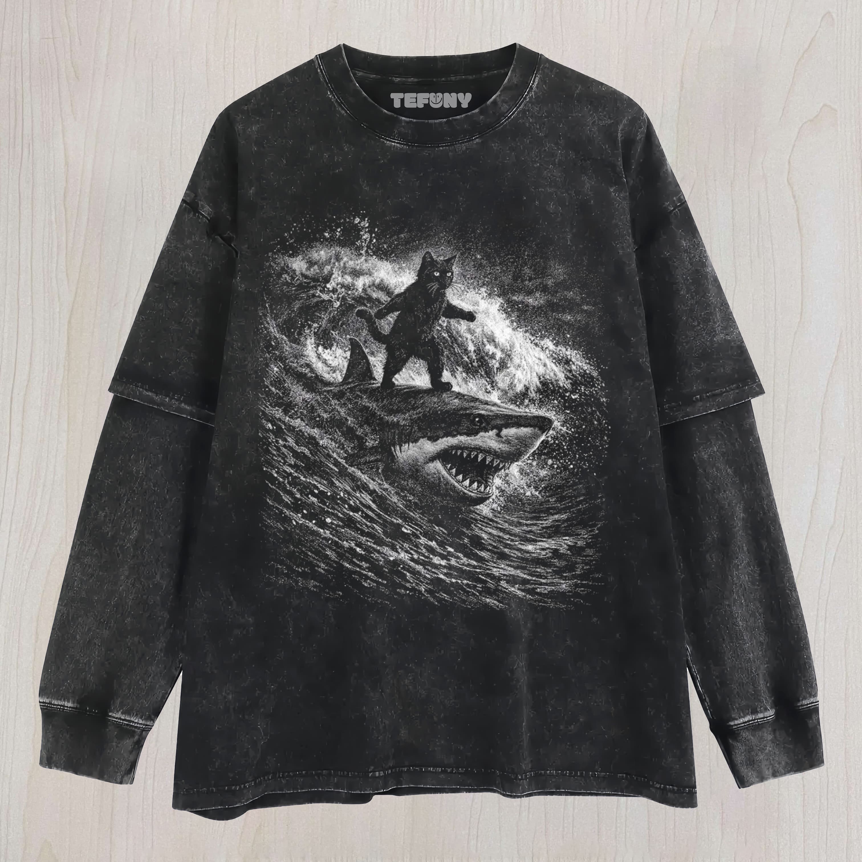 BLACK CAT SURFING SHARK UNISEX TEE, TANK TOP, LAYERED LS, SWEATSHIRT & HOODIE