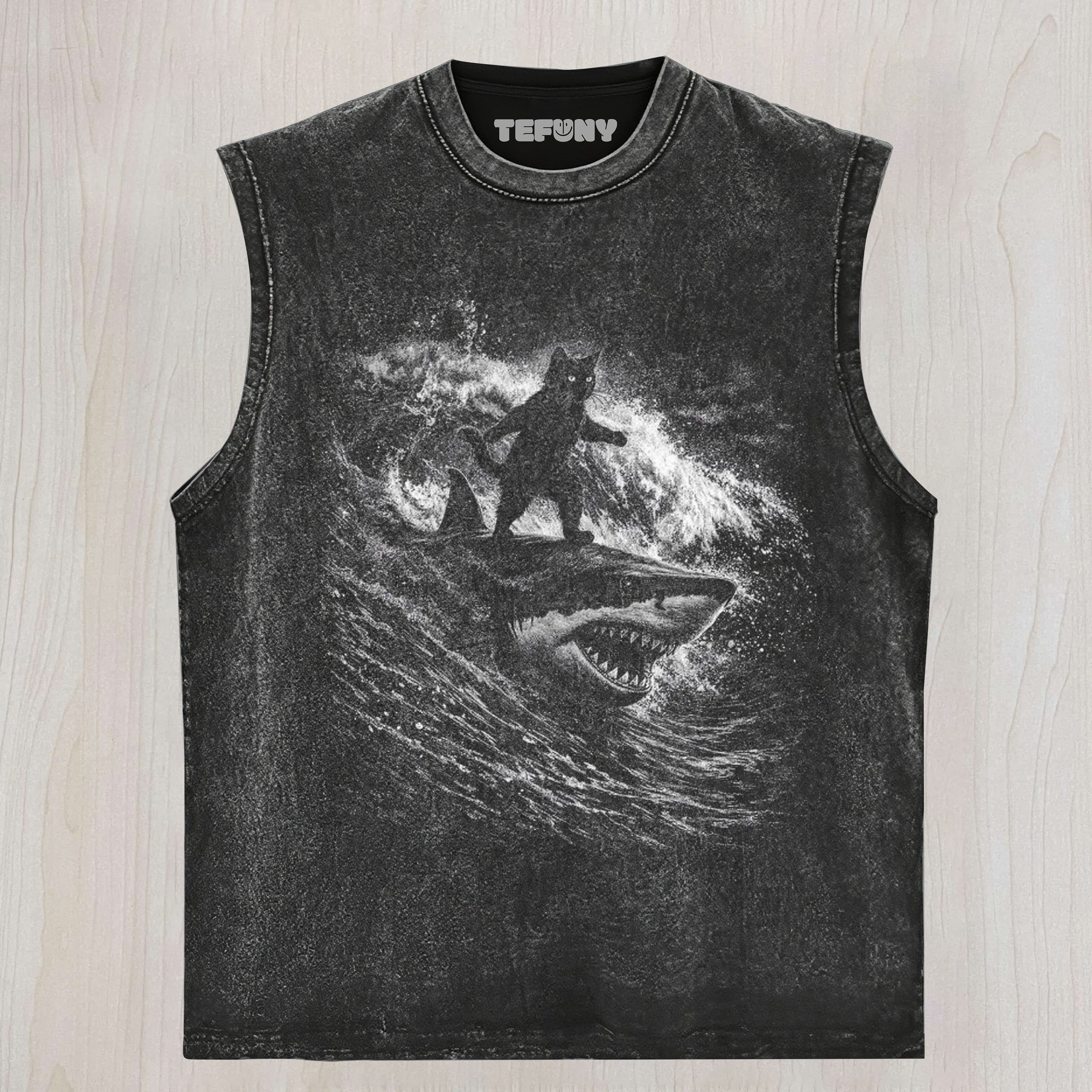 BLACK CAT SURFING SHARK UNISEX TEE, TANK TOP, LAYERED LS, SWEATSHIRT & HOODIE