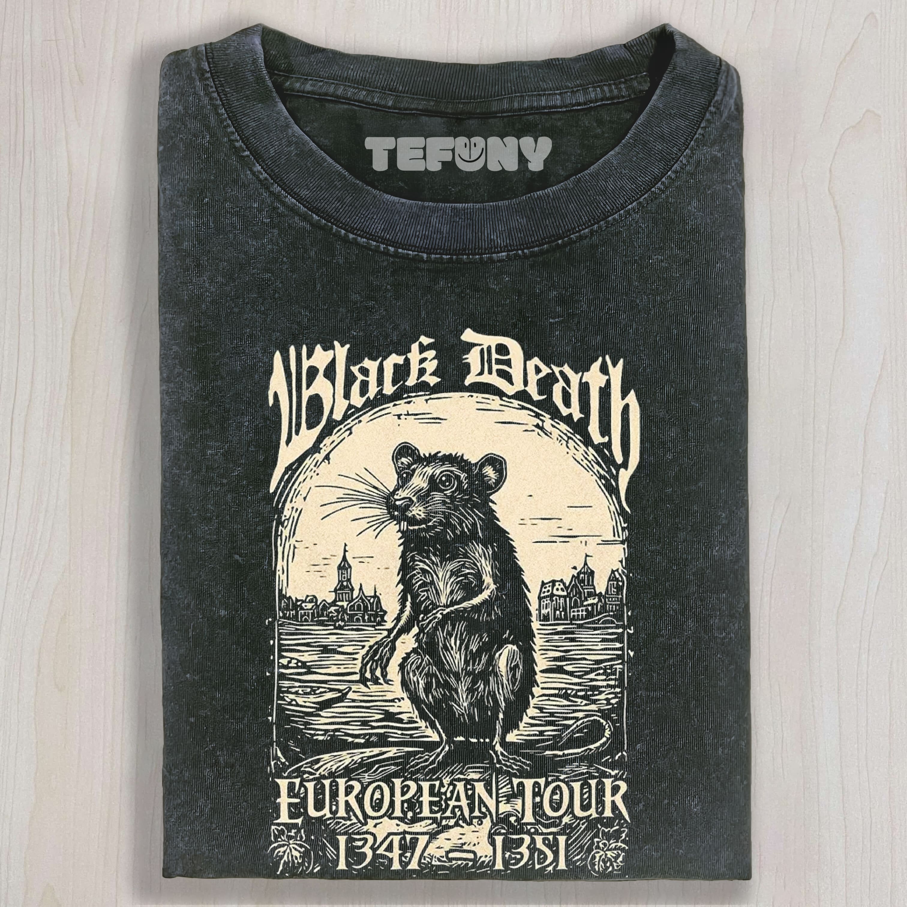 BLACK DEATH WOODCUT RAT EUROPEAN TOUR GRAPHIC WASHED UNISEX TEE, TANK TOP, LAYERED LS, SWEATSHIRT & HOODIE