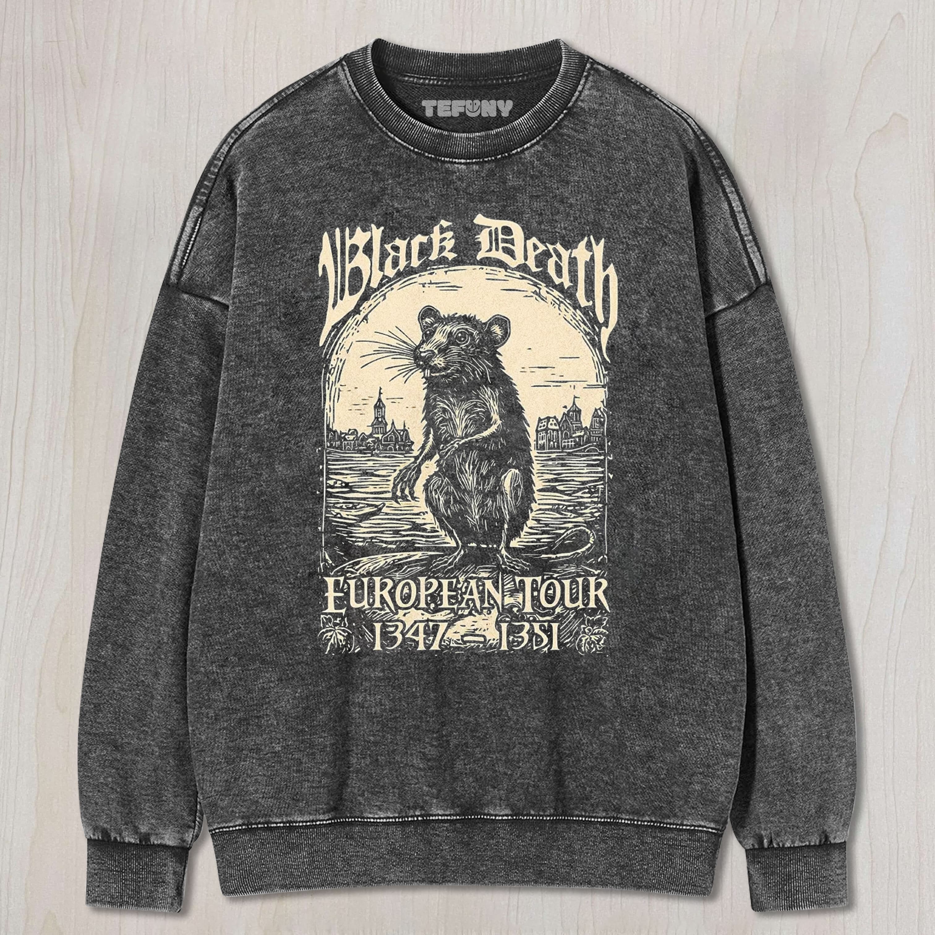 BLACK DEATH WOODCUT RAT EUROPEAN TOUR GRAPHIC WASHED UNISEX TEE, TANK TOP, LAYERED LS, SWEATSHIRT & HOODIE