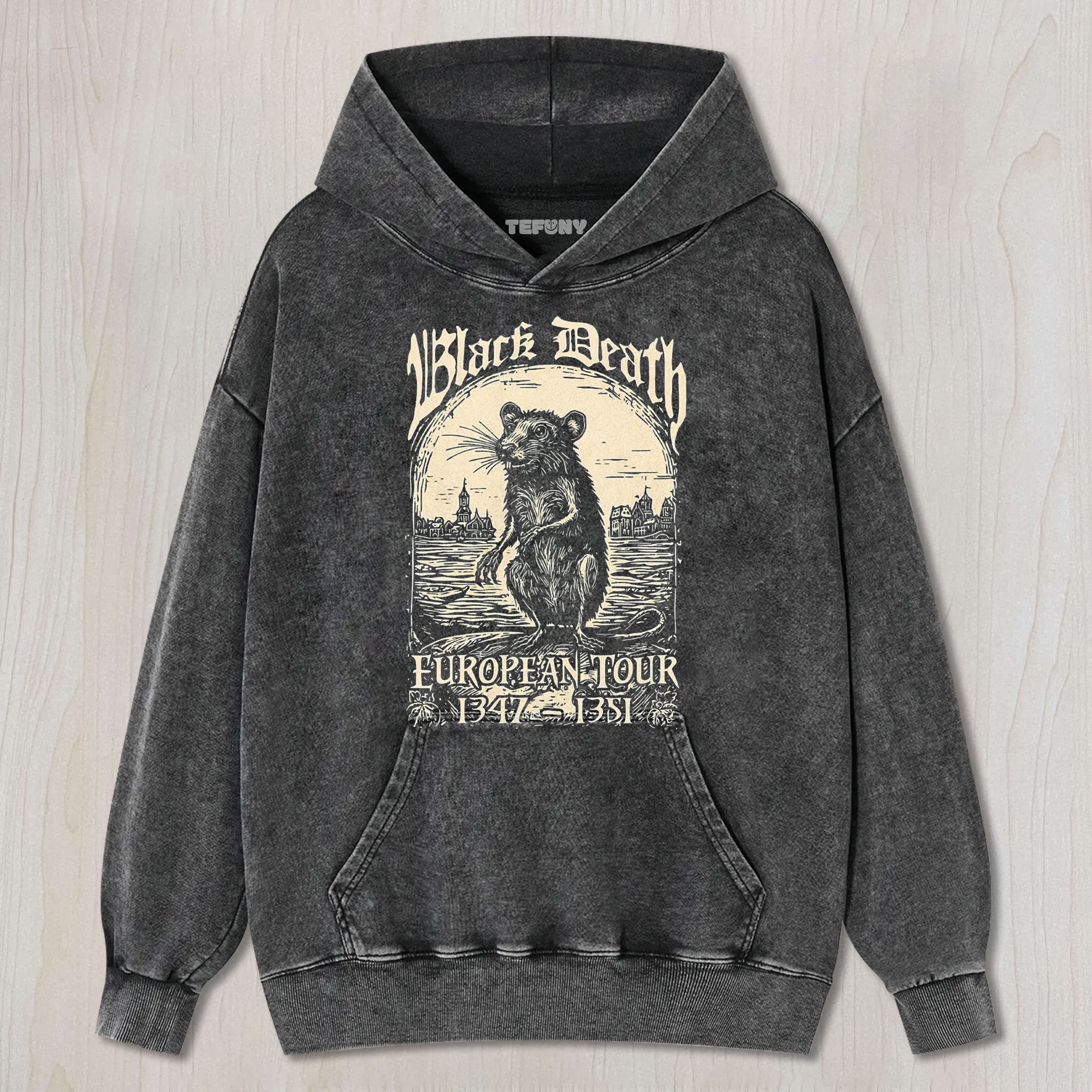 BLACK DEATH WOODCUT RAT EUROPEAN TOUR GRAPHIC WASHED UNISEX TEE, TANK TOP, LAYERED LS, SWEATSHIRT & HOODIE