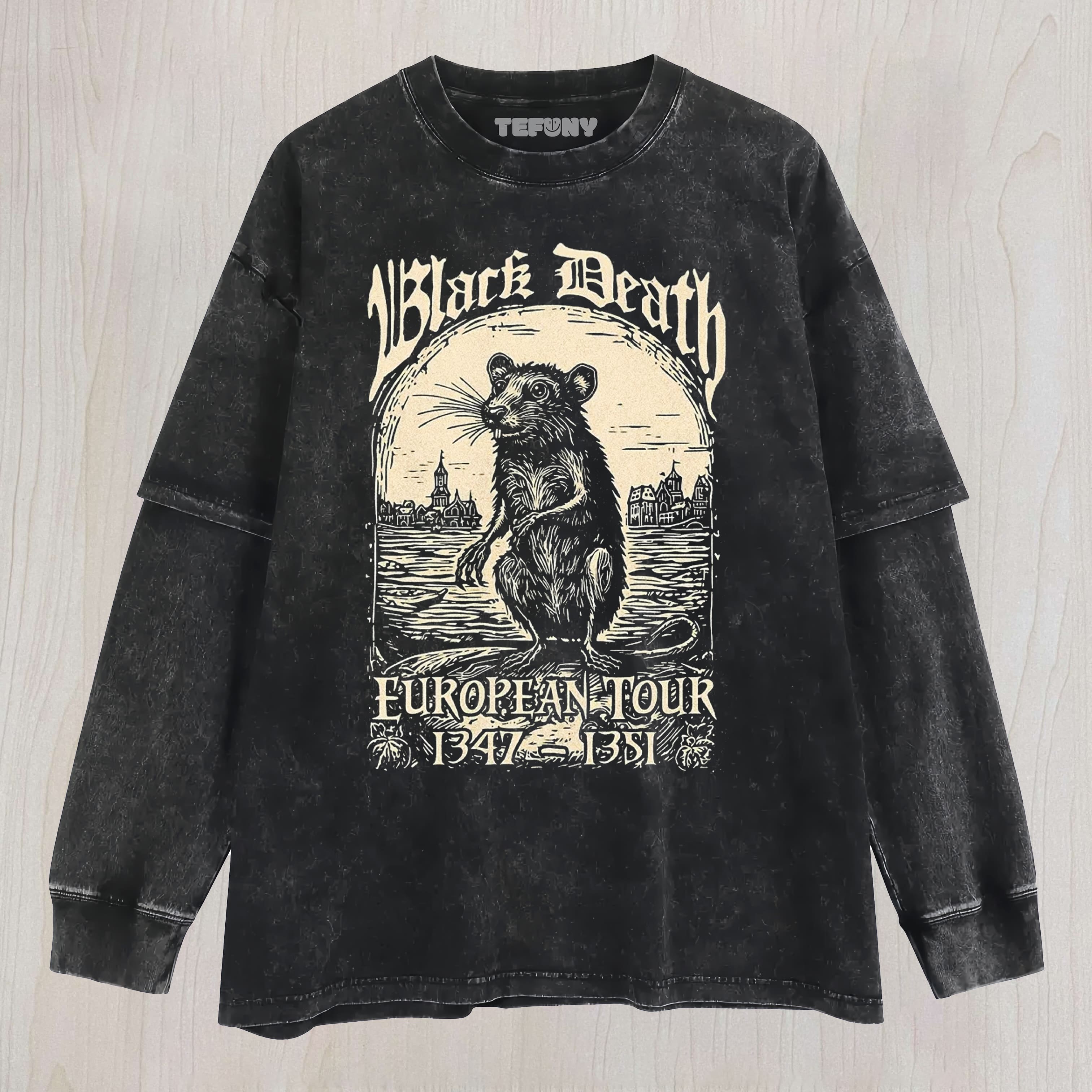 BLACK DEATH WOODCUT RAT EUROPEAN TOUR GRAPHIC WASHED UNISEX TEE, TANK TOP, LAYERED LS, SWEATSHIRT & HOODIE
