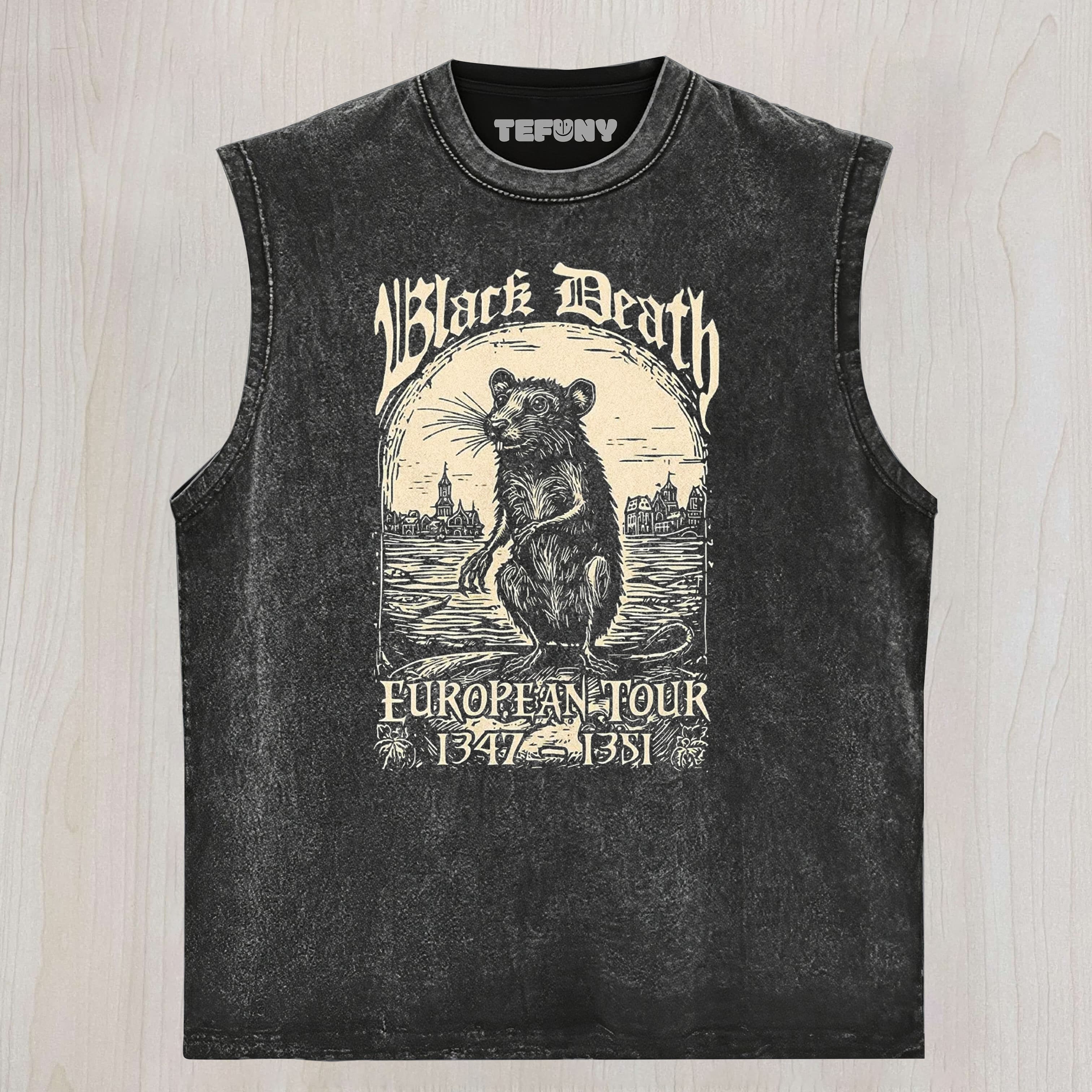 BLACK DEATH WOODCUT RAT EUROPEAN TOUR GRAPHIC WASHED UNISEX TEE, TANK TOP, LAYERED LS, SWEATSHIRT & HOODIE