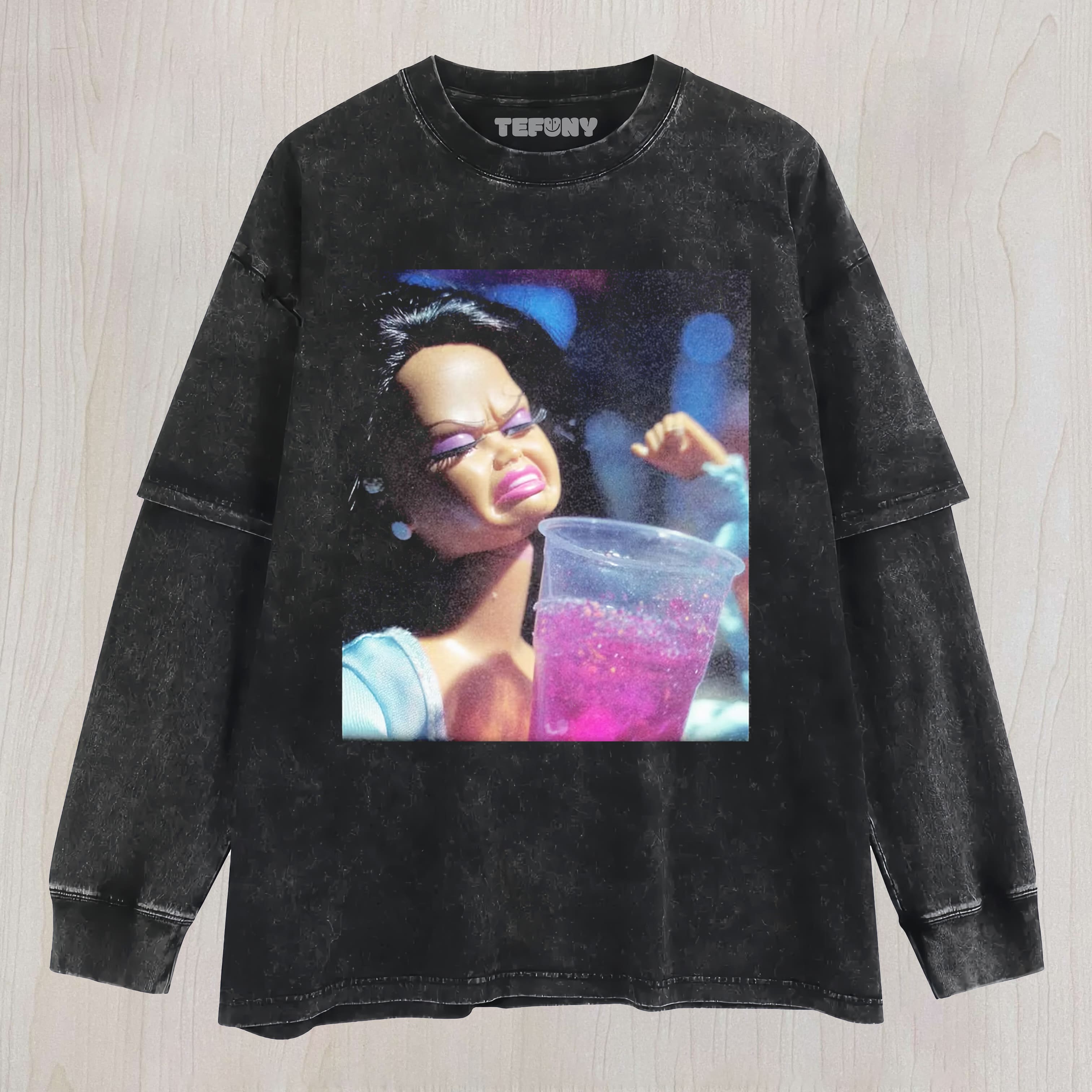 BLACK GIRL DOLL FACEPARTY DRINKING UNISEX TEE, TANK TOP, LAYERED LS, SWEATSHIRT & HOODIE