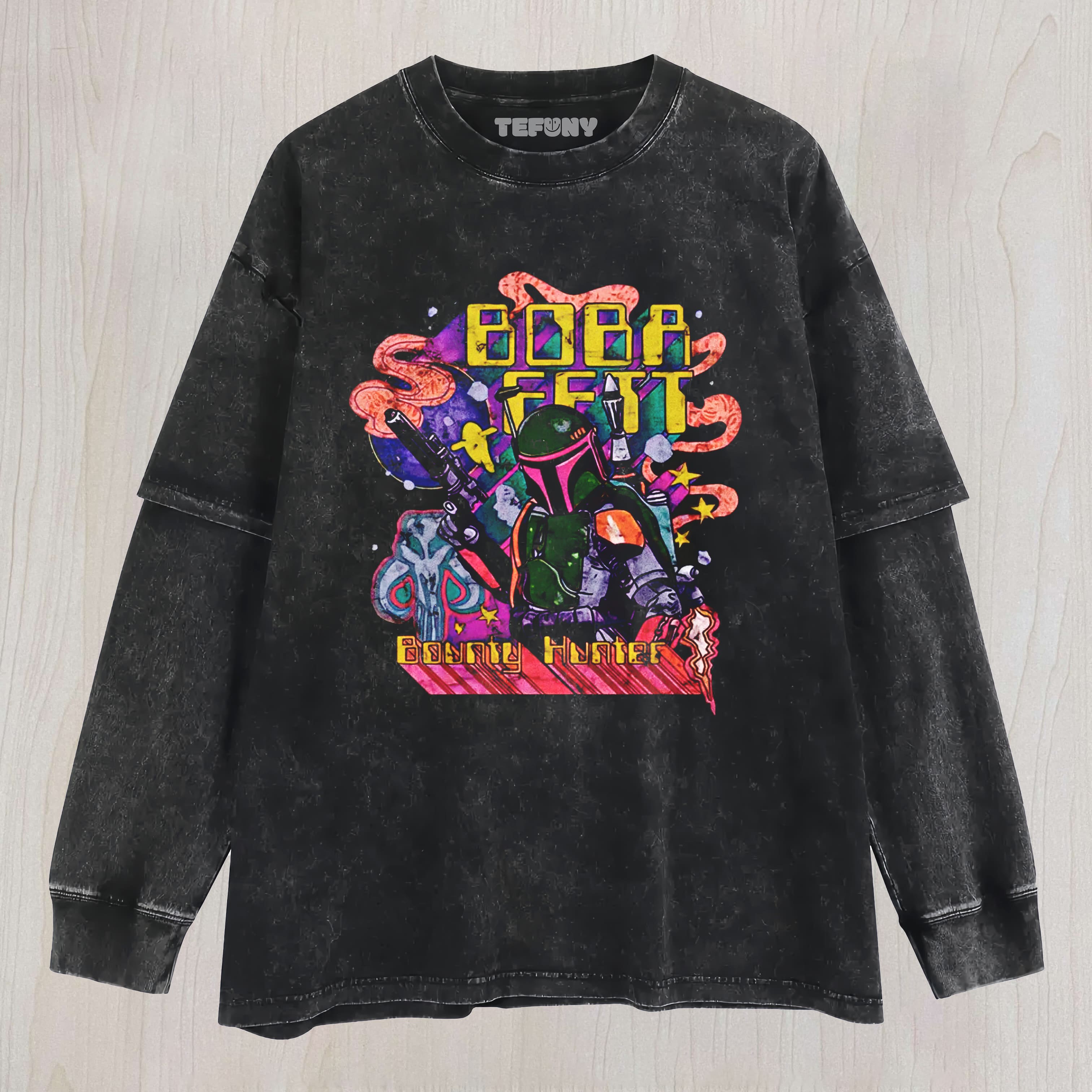 BOBA FETT BOUNTY HUNTER RETRO PSYCHEDELIC WASHED LAYERED LONG SLEEVE