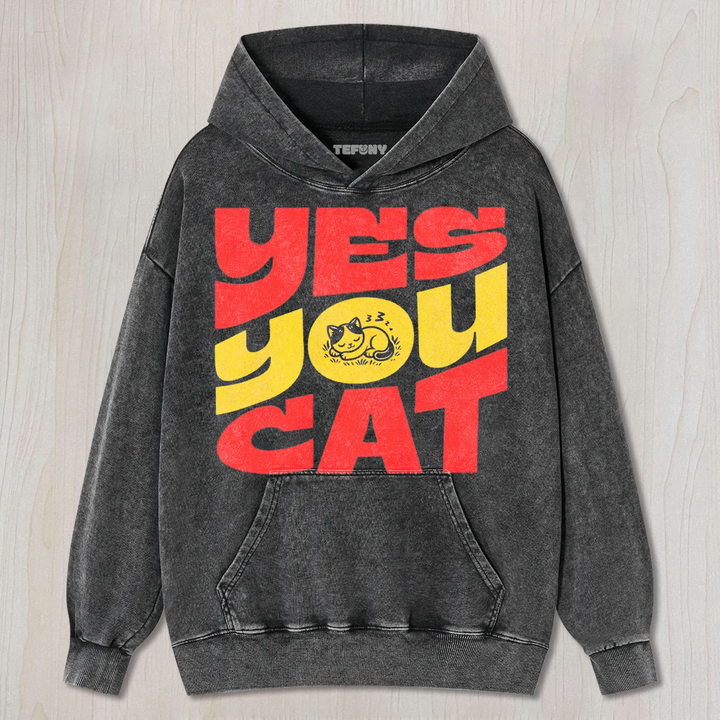 BOLDRED YELLOW BLOCK LETTER YES YOU CAT NAPPING KITTEN GRAPHIC WASHED UNISEX TEE, TANK TOP, LAYERED LS, SWEATSHIRT & HOODIE