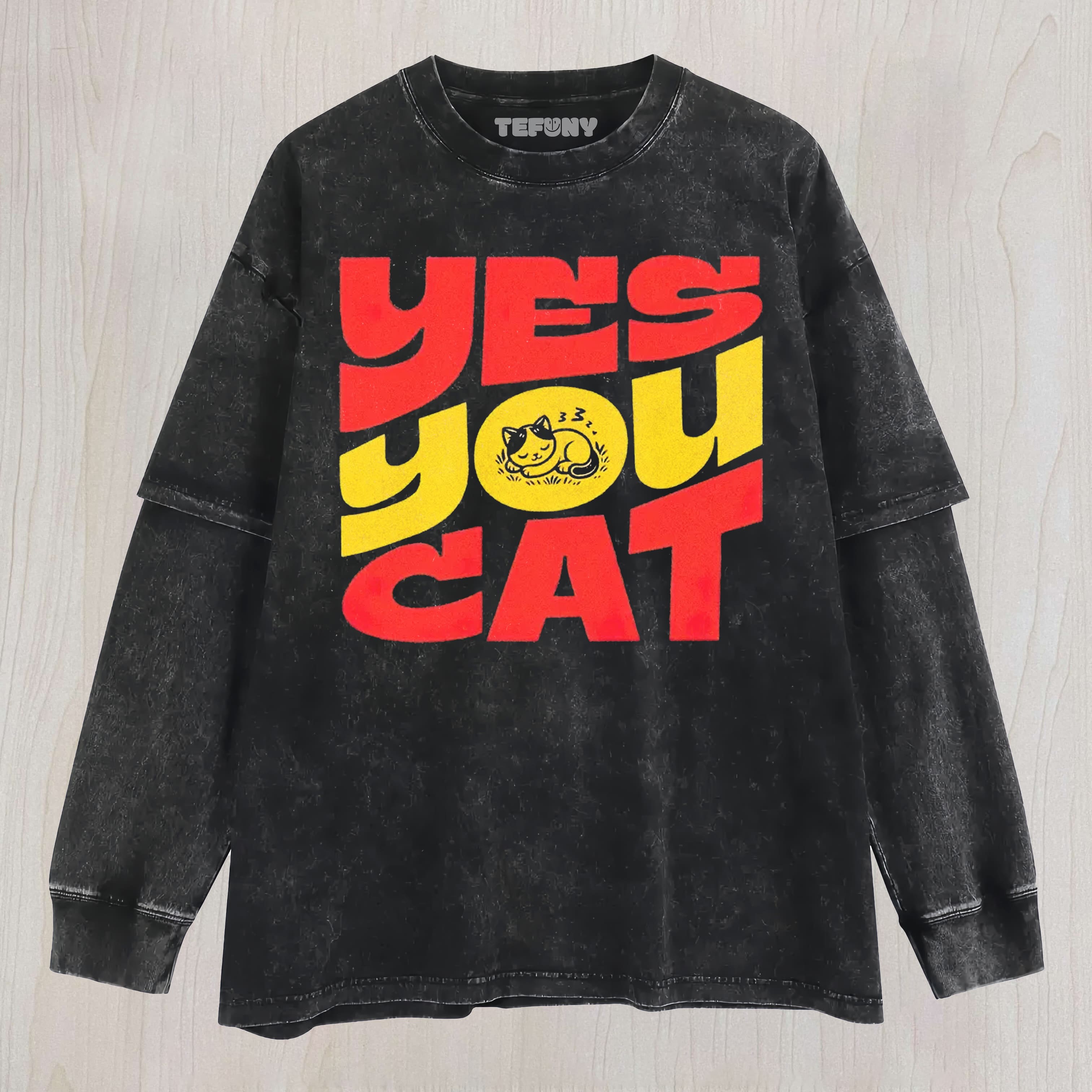 BOLDRED YELLOW BLOCK LETTER YES YOU CAT NAPPING KITTEN GRAPHIC WASHED UNISEX TEE, TANK TOP, LAYERED LS, SWEATSHIRT & HOODIE