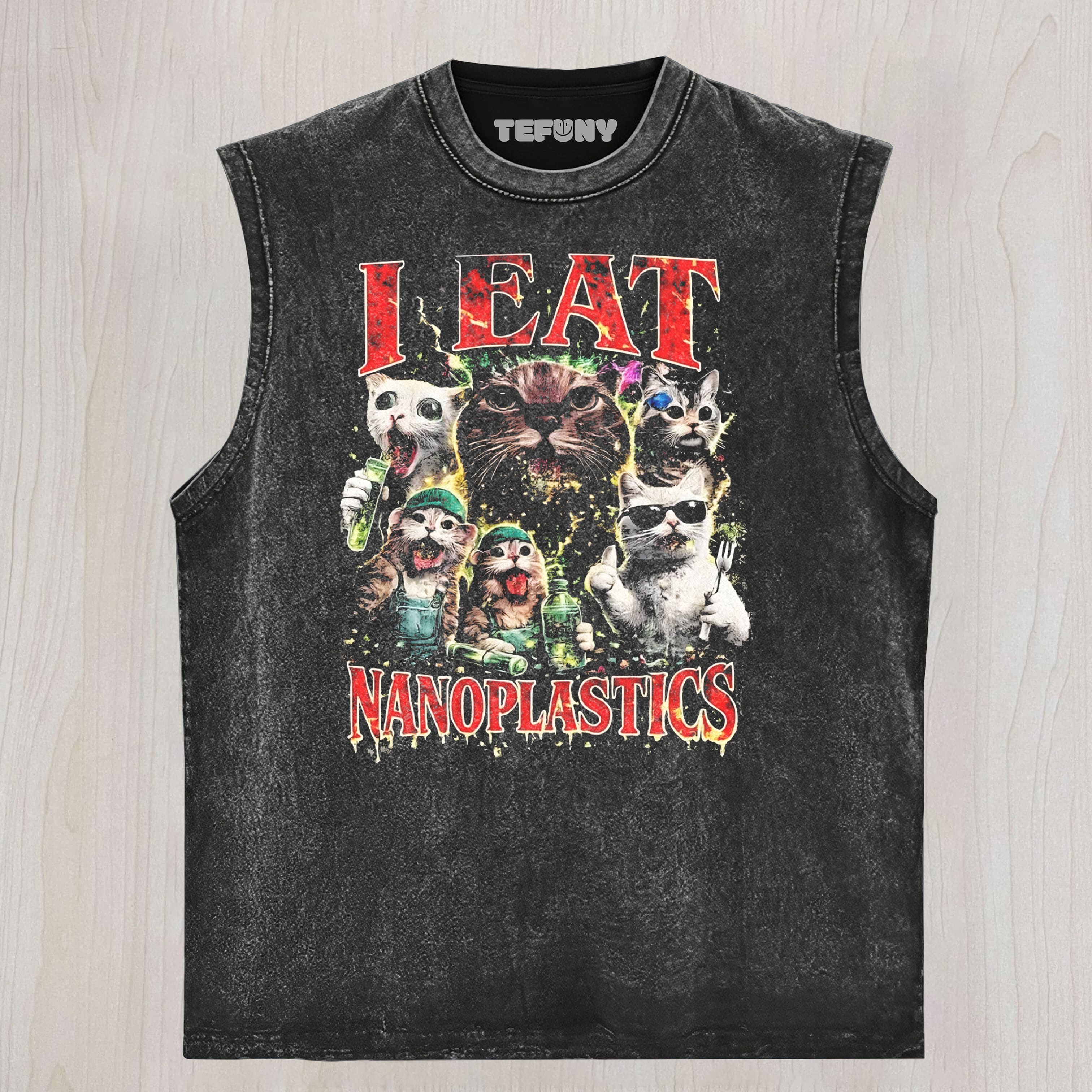 BOOTLEG STYLE MULTI CAT I EAT NANOPLASTICS GRAPHIC WASHED UNISEX TEE, TANK TOP, LAYERED LS, SWEATSHIRT & HOODIE