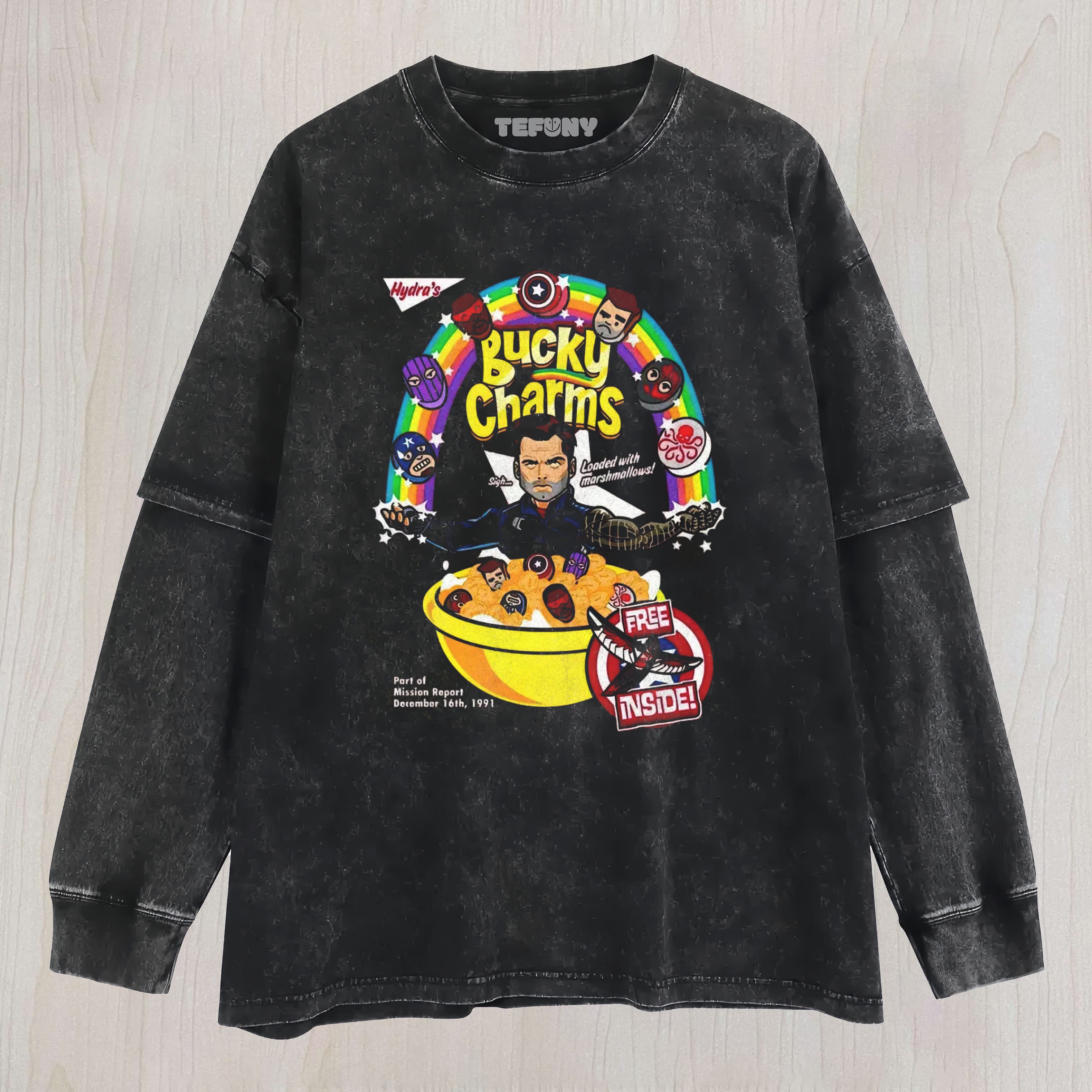 BUCKY CHARMS CEREAL PARODY WASHED LAYERED LONG SLEEVE