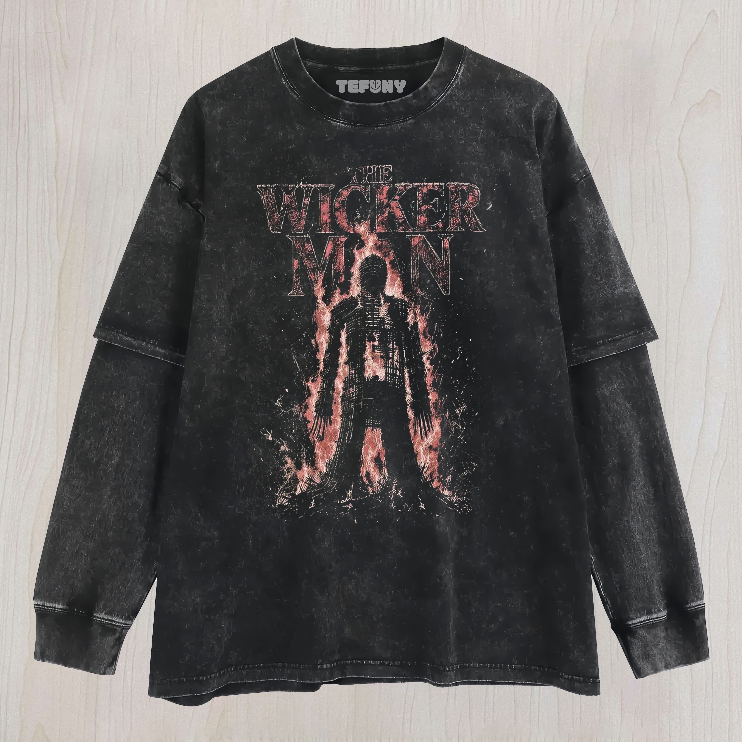 BURNING HORROR FIGURE GRAPHIC VINTAGE WASHED UNISEX TEE, TANK TOP, LAYERED LS, SWEATSHIRT & HOODIE