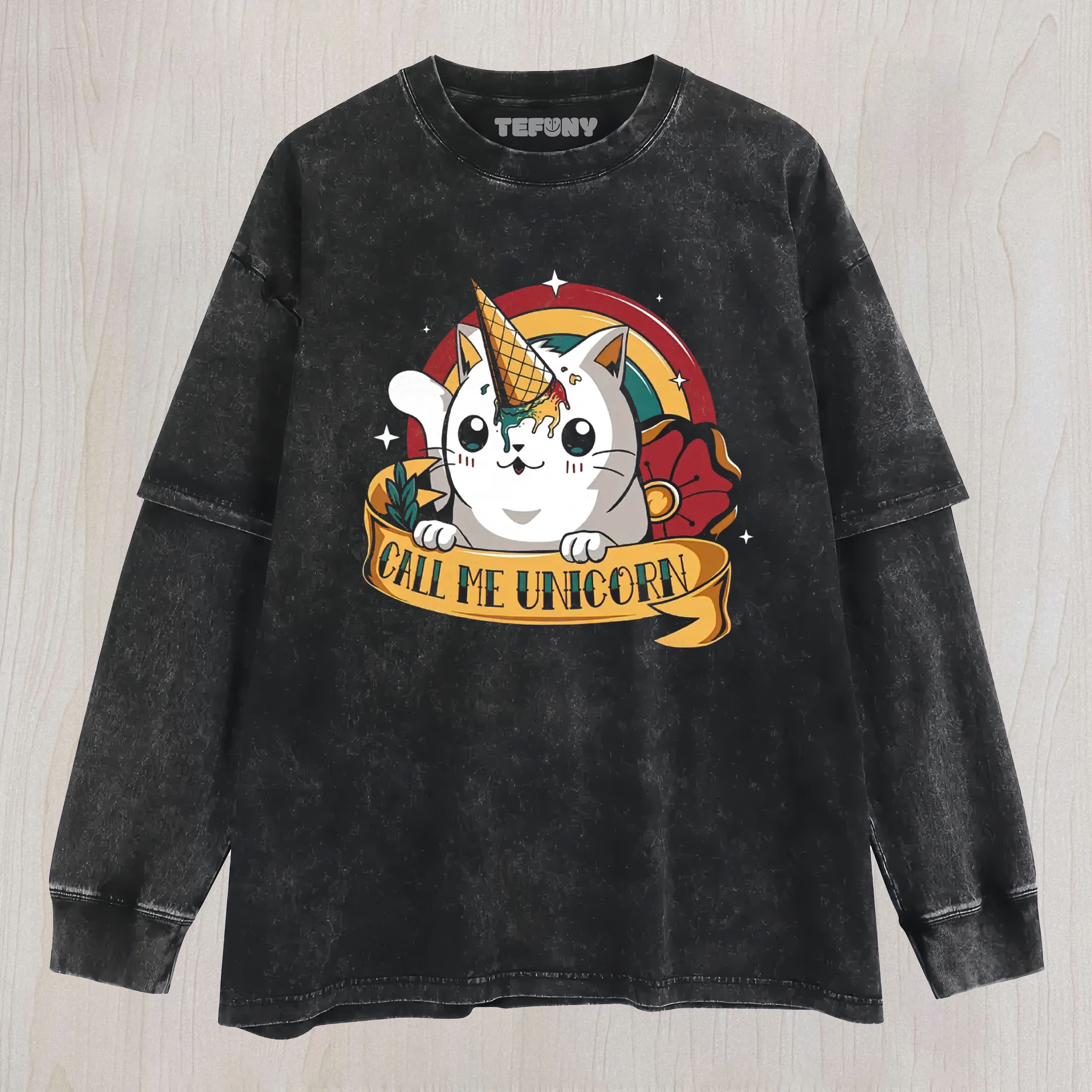 CALL ME UNICORN ICE CREAM CATICORN VINTAGE WASHED LAYERED LONG SLEEVE