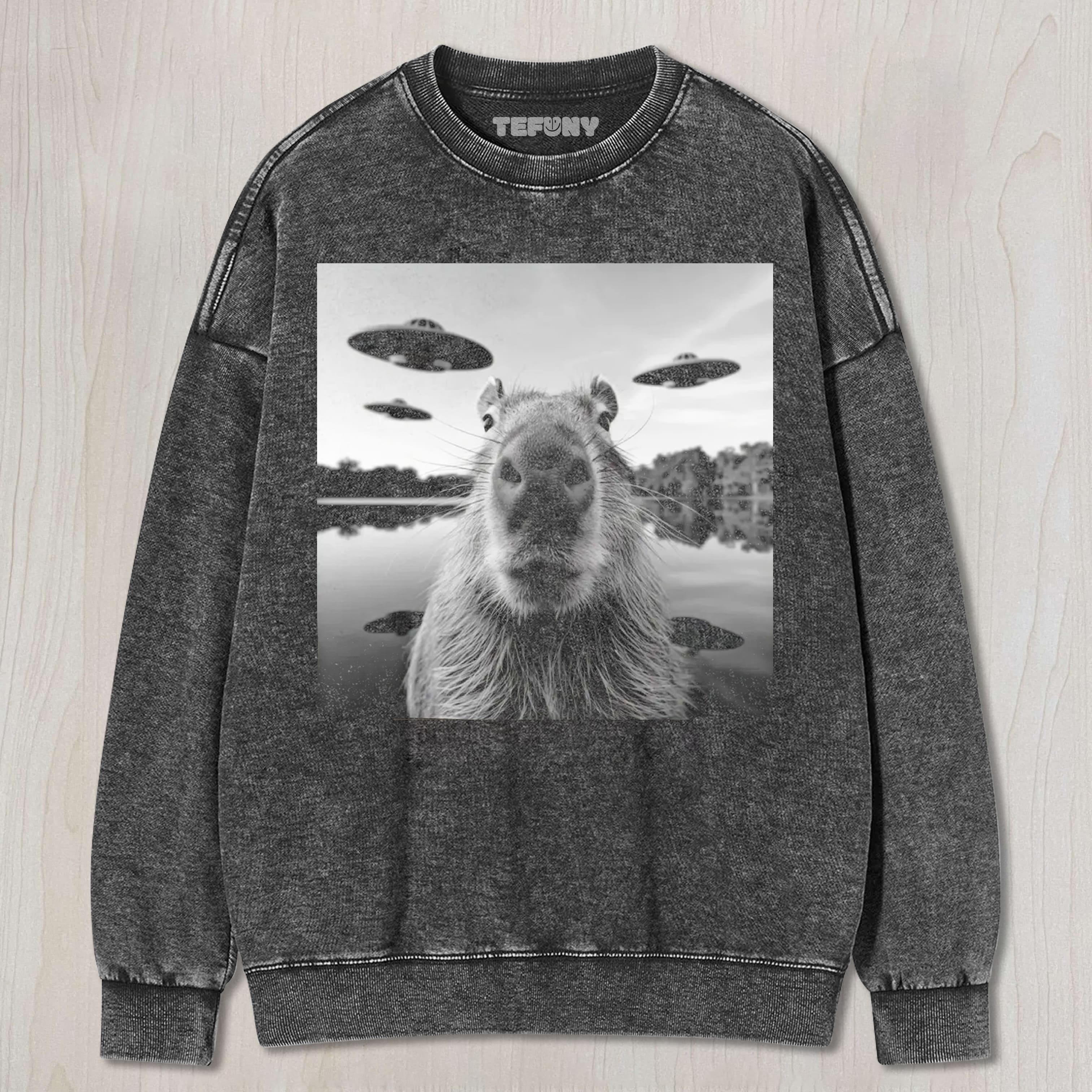 CAPYBARA UFO SELFIE GRAPHIC VINTAGE WASHED UNISEX TEE, TANK TOP, LAYERED LS, SWEATSHIRT & HOODIE