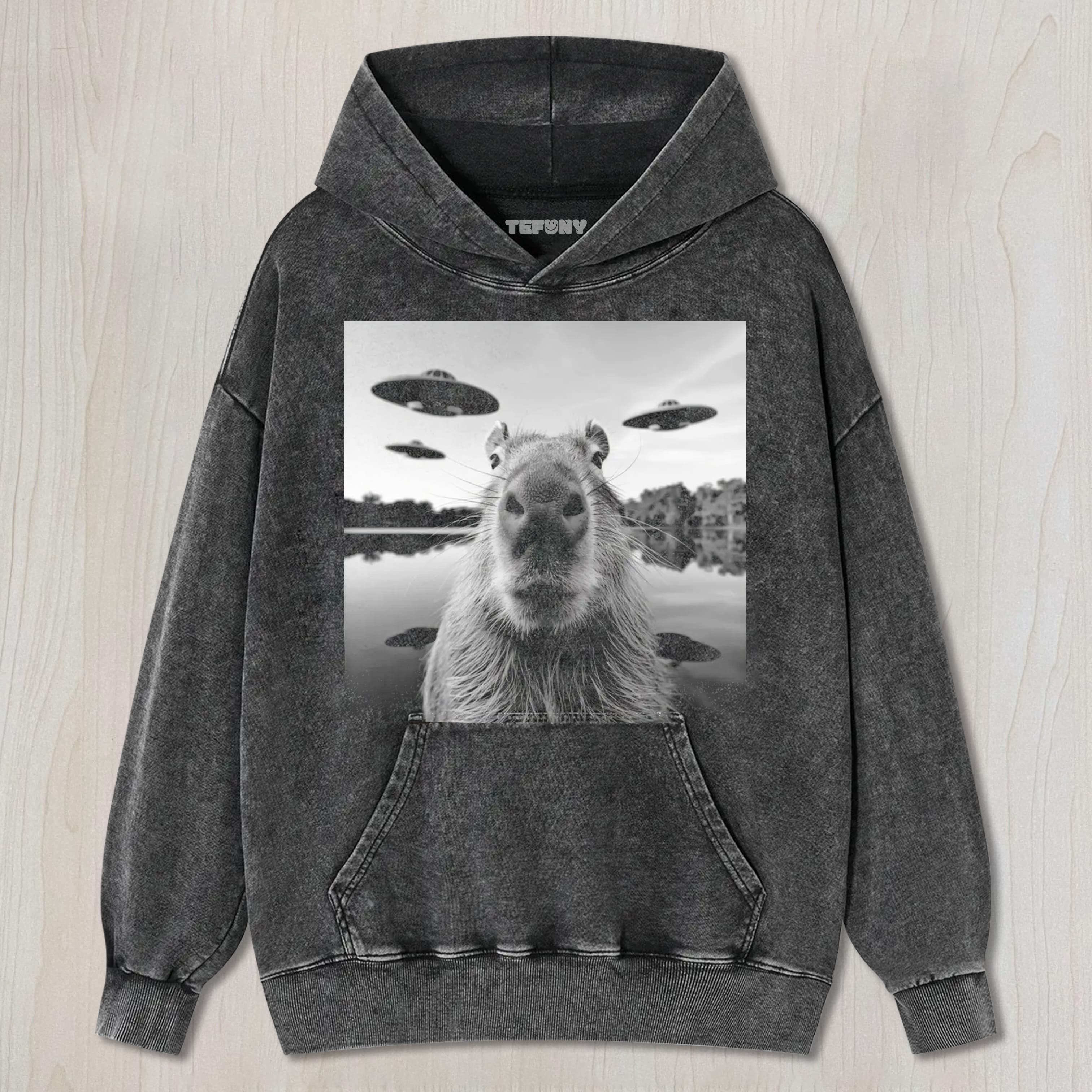 CAPYBARA UFO SELFIE GRAPHIC VINTAGE WASHED UNISEX TEE, TANK TOP, LAYERED LS, SWEATSHIRT & HOODIE