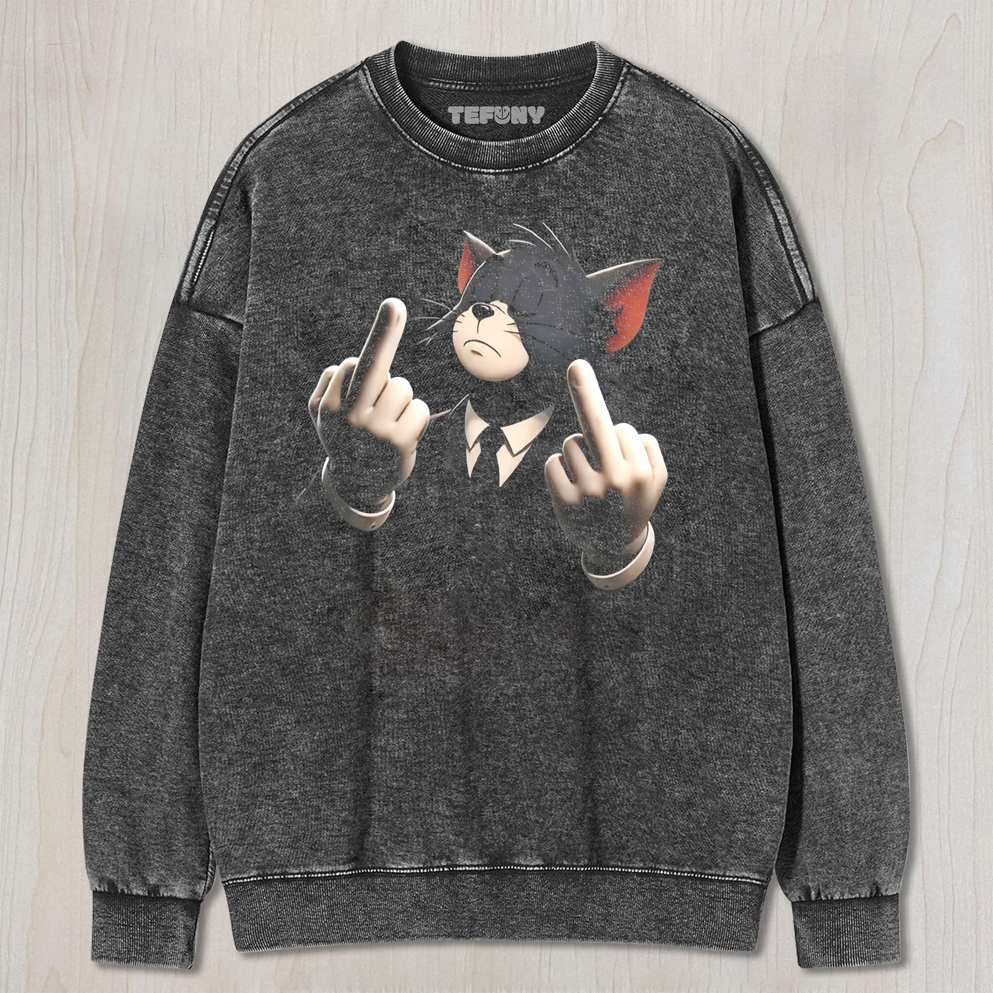 CARTOON CAT MIDDLE FINGER UNISEX TEE, TANK TOP, LAYERED LS, SWEATSHIRT & HOODIE