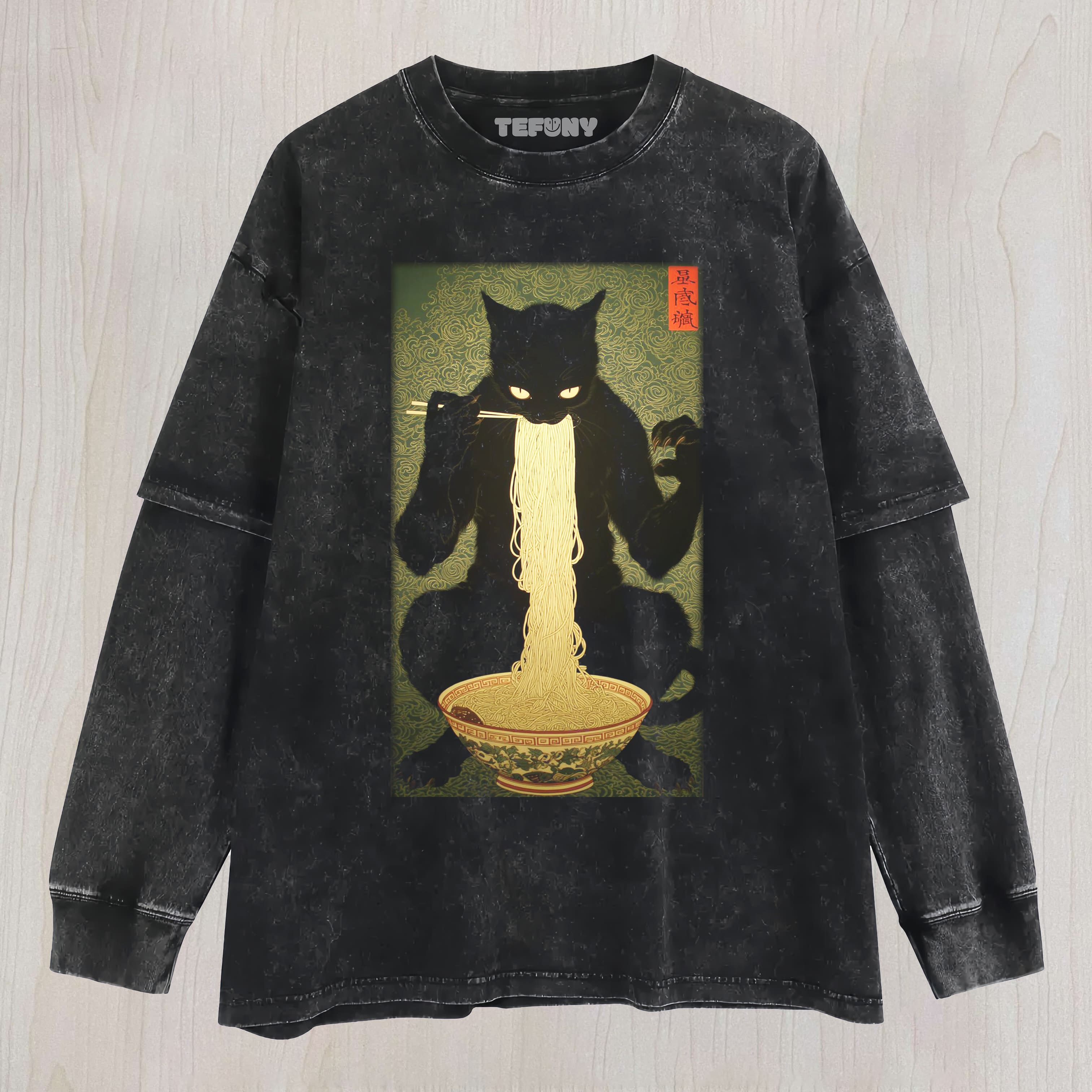 CAT EATING RAMEN LAYERED LONG SLEEVE