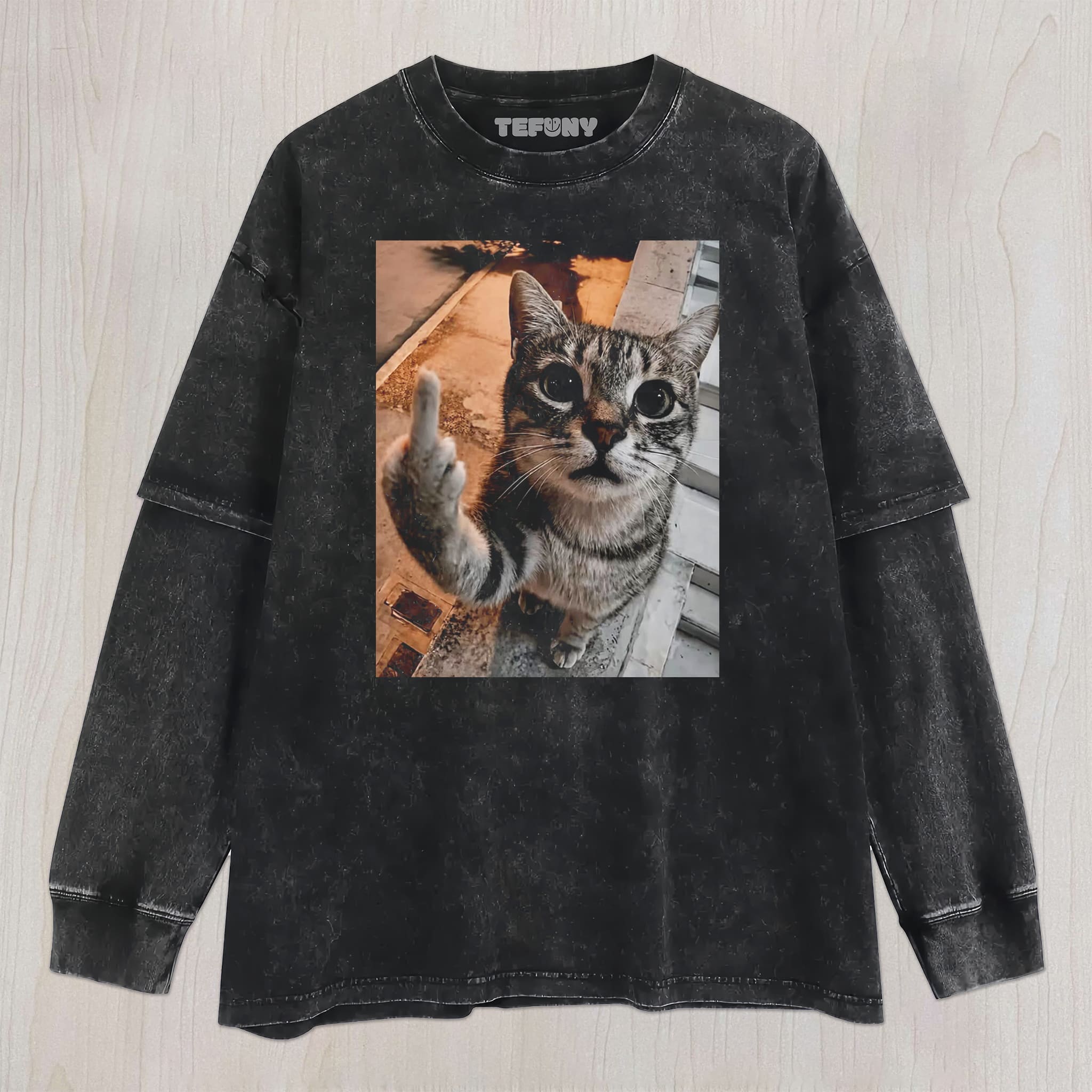 CAT GIVES MIDDLE FINGER UNISEX TEE, TANK TOP, LAYERED LS, SWEATSHIRT & HOODIE