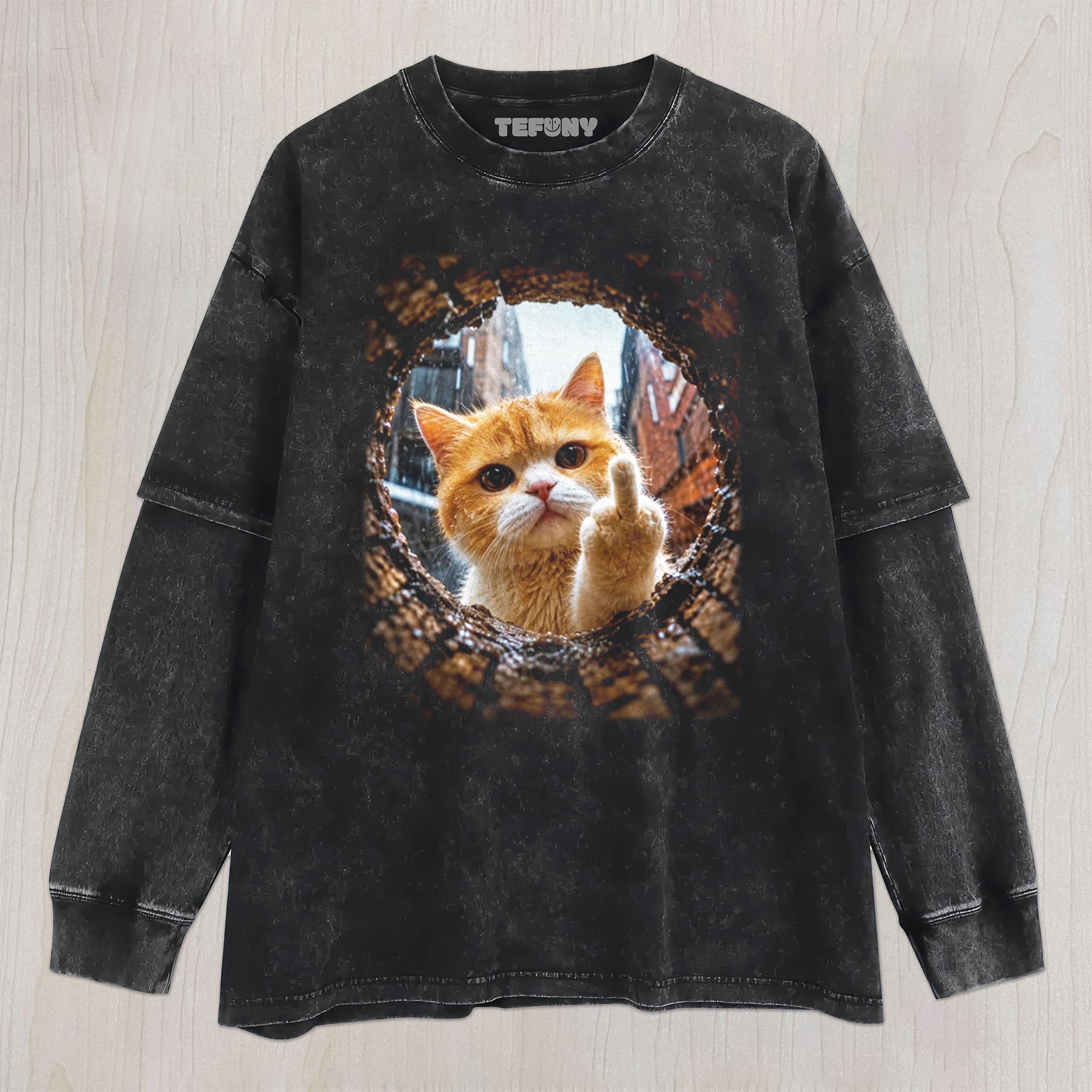 CAT GIVING THE MIDDLE FINGER V1 UNISEX TEE, TANK TOP, LAYERED LS, SWEATSHIRT & HOODIE