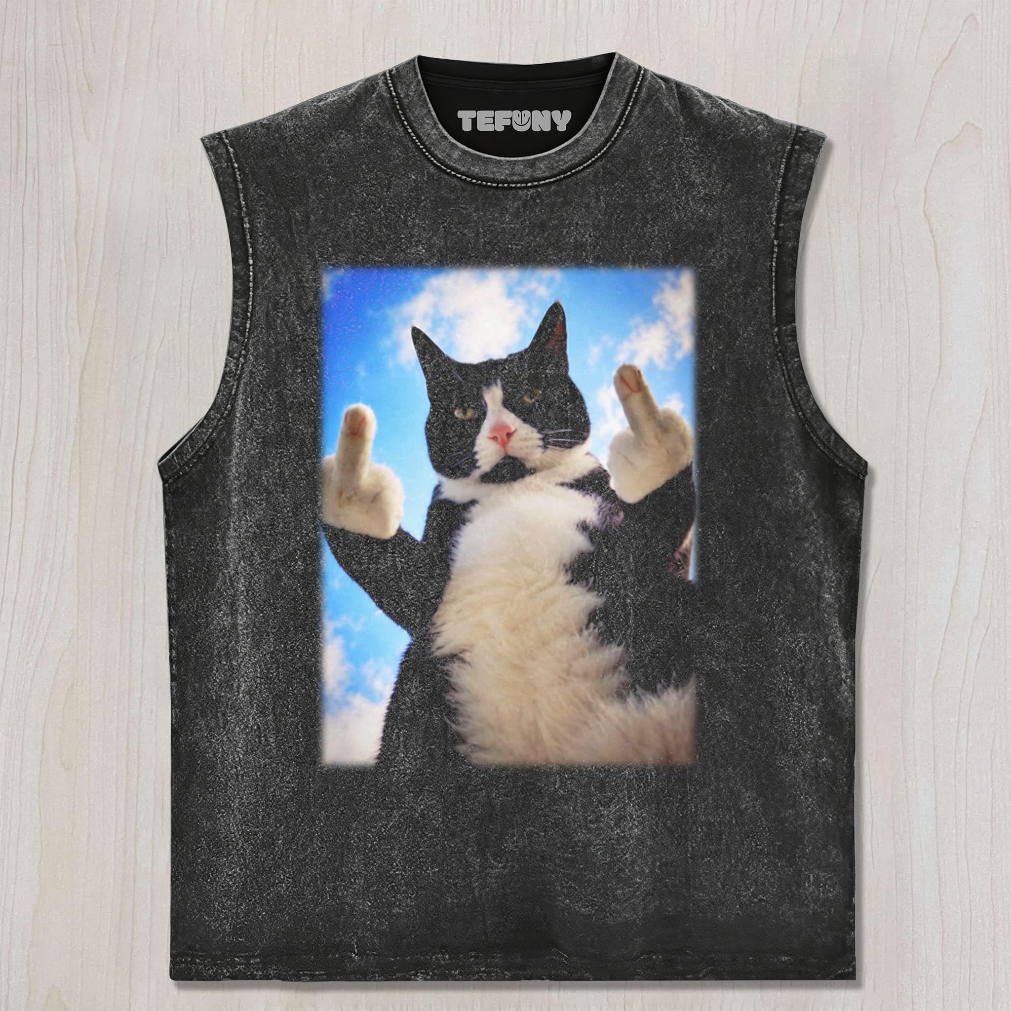 CAT GIVING THE MIDDLE FINGER V2 UNISEX TEE, TANK TOP, LAYERED LS, SWEATSHIRT & HOODIE