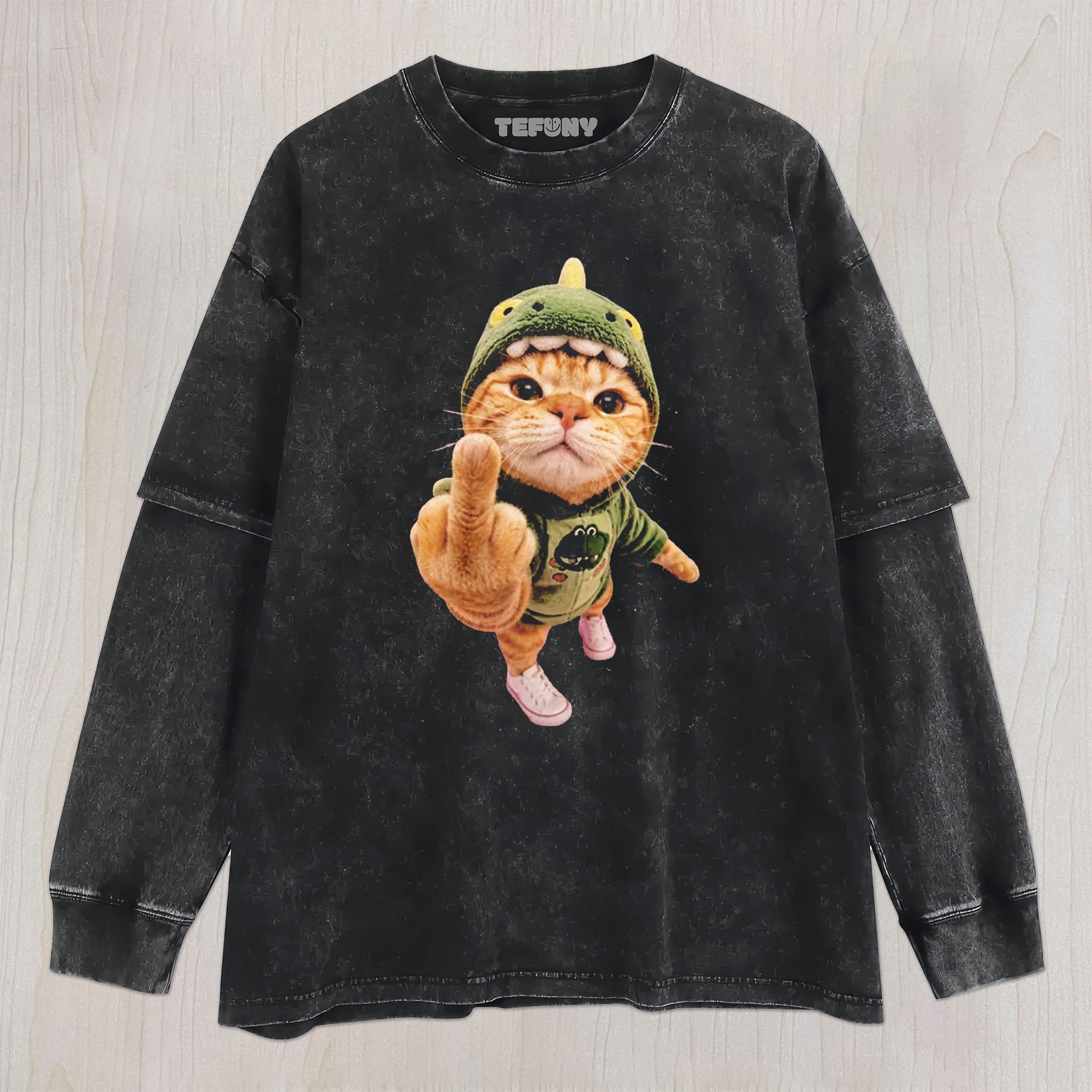 CAT GIVING THE MIDDLE FINGER V4 UNISEX TEE, TANK TOP, LAYERED LS, SWEATSHIRT & HOODIE