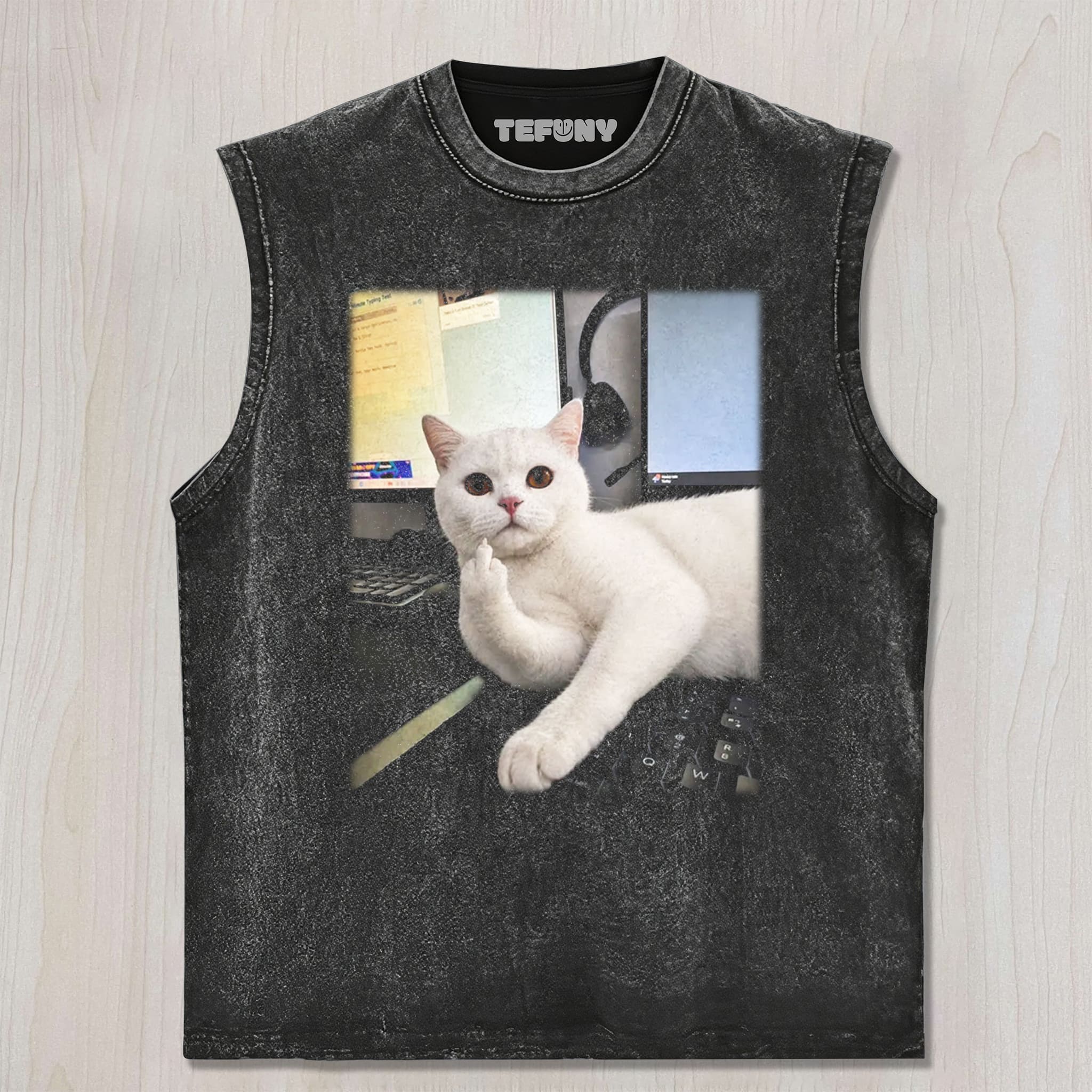 CAT GIVING THE MIDDLE FINGER V6 UNISEX TEE, TANK TOP, LAYERED LS, SWEATSHIRT & HOODIE