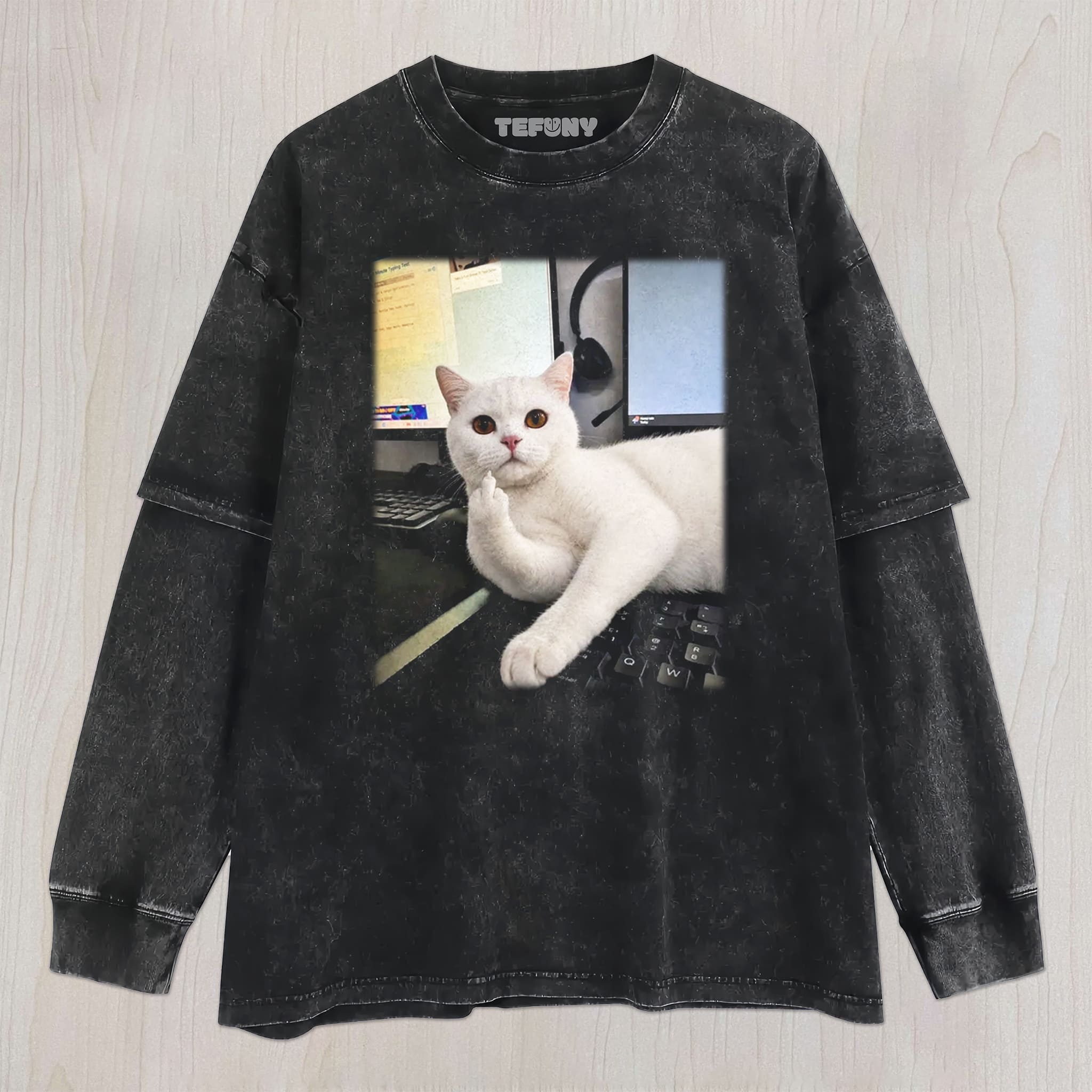 CAT GIVING THE MIDDLE FINGER V6 UNISEX TEE, TANK TOP, LAYERED LS, SWEATSHIRT & HOODIE