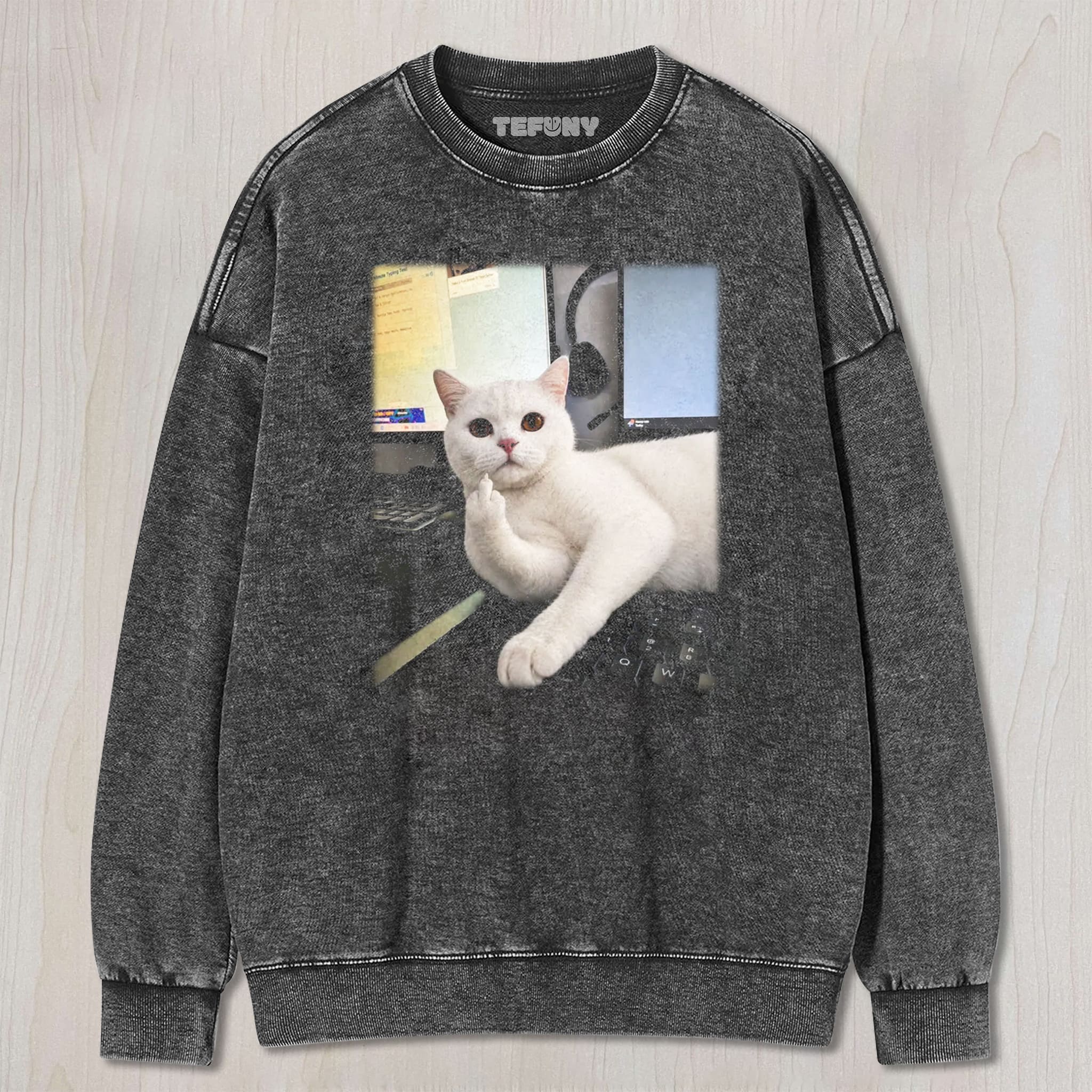 CAT GIVING THE MIDDLE FINGER V6 UNISEX TEE, TANK TOP, LAYERED LS, SWEATSHIRT & HOODIE