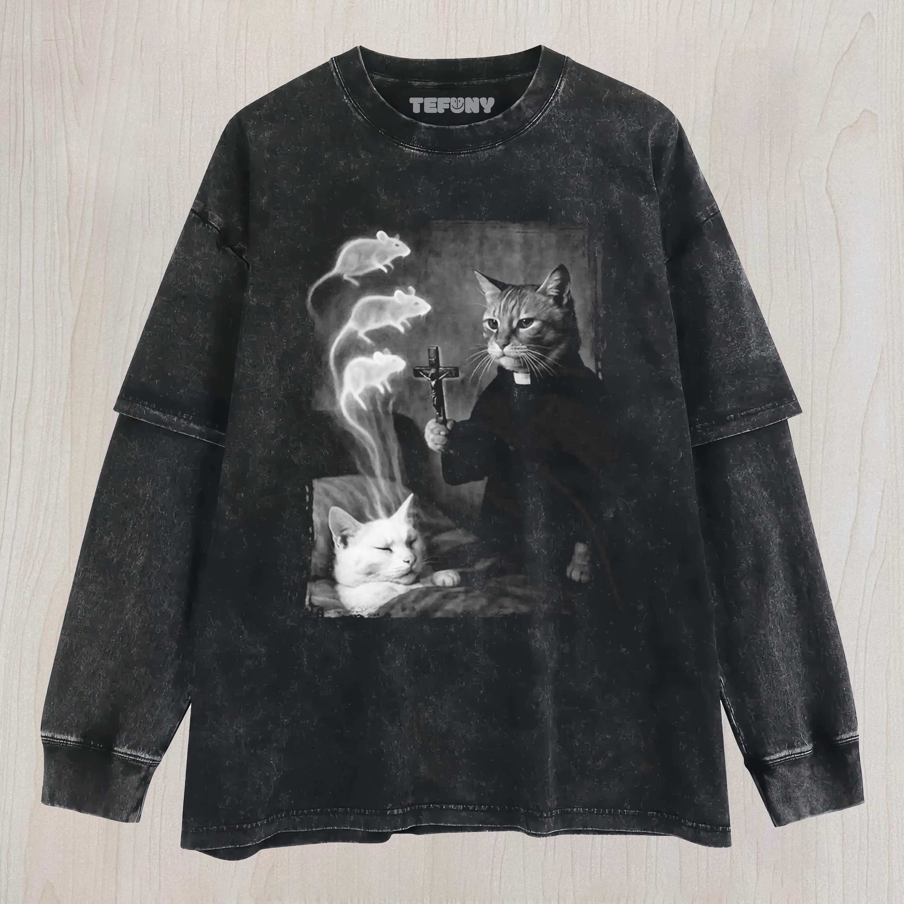 CAT PRIEST EXORCISM UNISEX TEE, TANK TOP, LAYERED LS, SWEATSHIRT & HOODIE