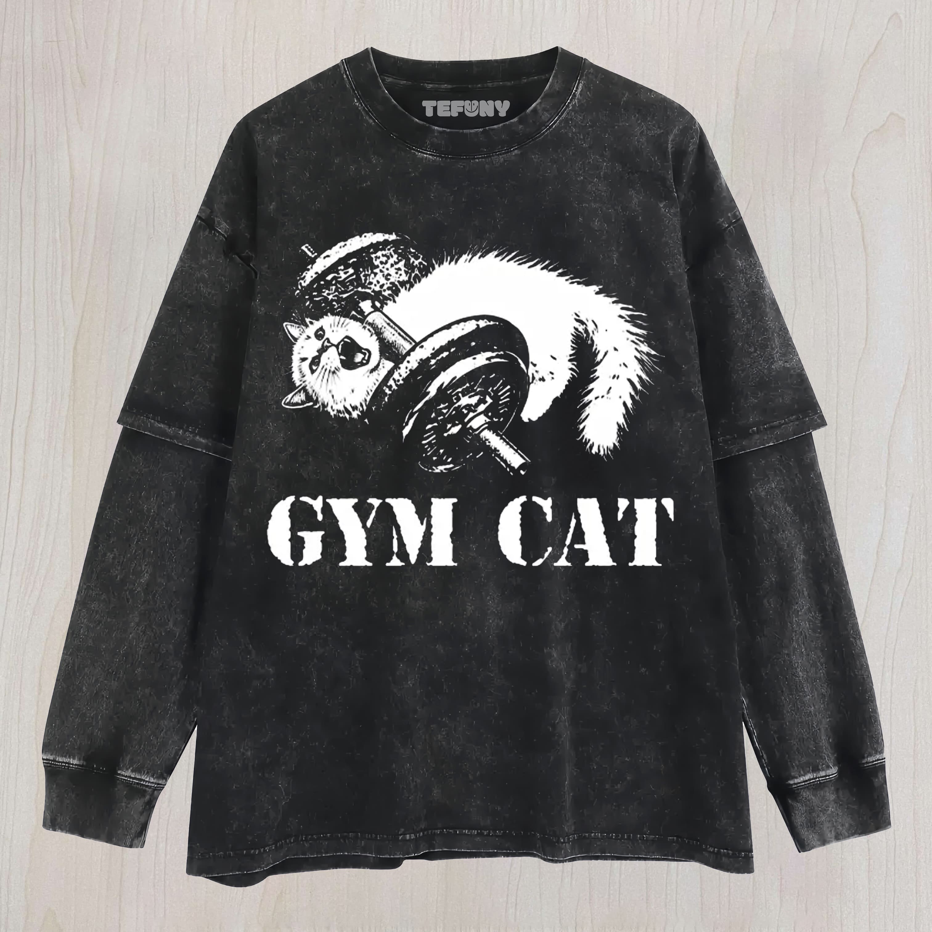 CAT PUMPING IRON AT THE GYM UNISEX TEE, TANK TOP, LAYERED LS, SWEATSHIRT & HOODIE