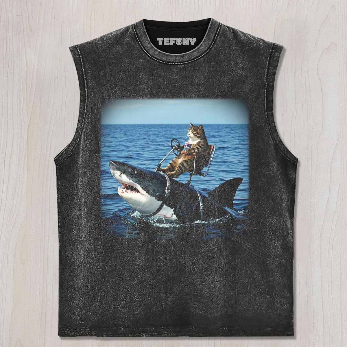 CAT RIDING A SHARK UNISEX TEE, TANK TOP, LAYERED LS, SWEATSHIRT & HOODIE