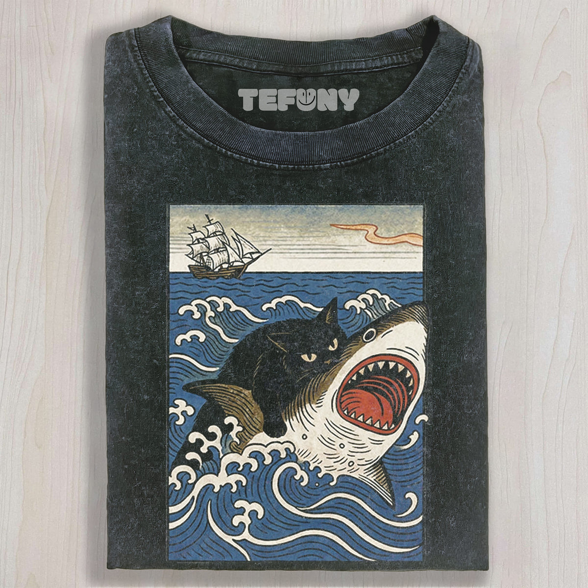 CAT RIDING SHARK RETRO UNISEX TEE, TANK TOP, LAYERED LS, SWEATSHIRT & HOODIE